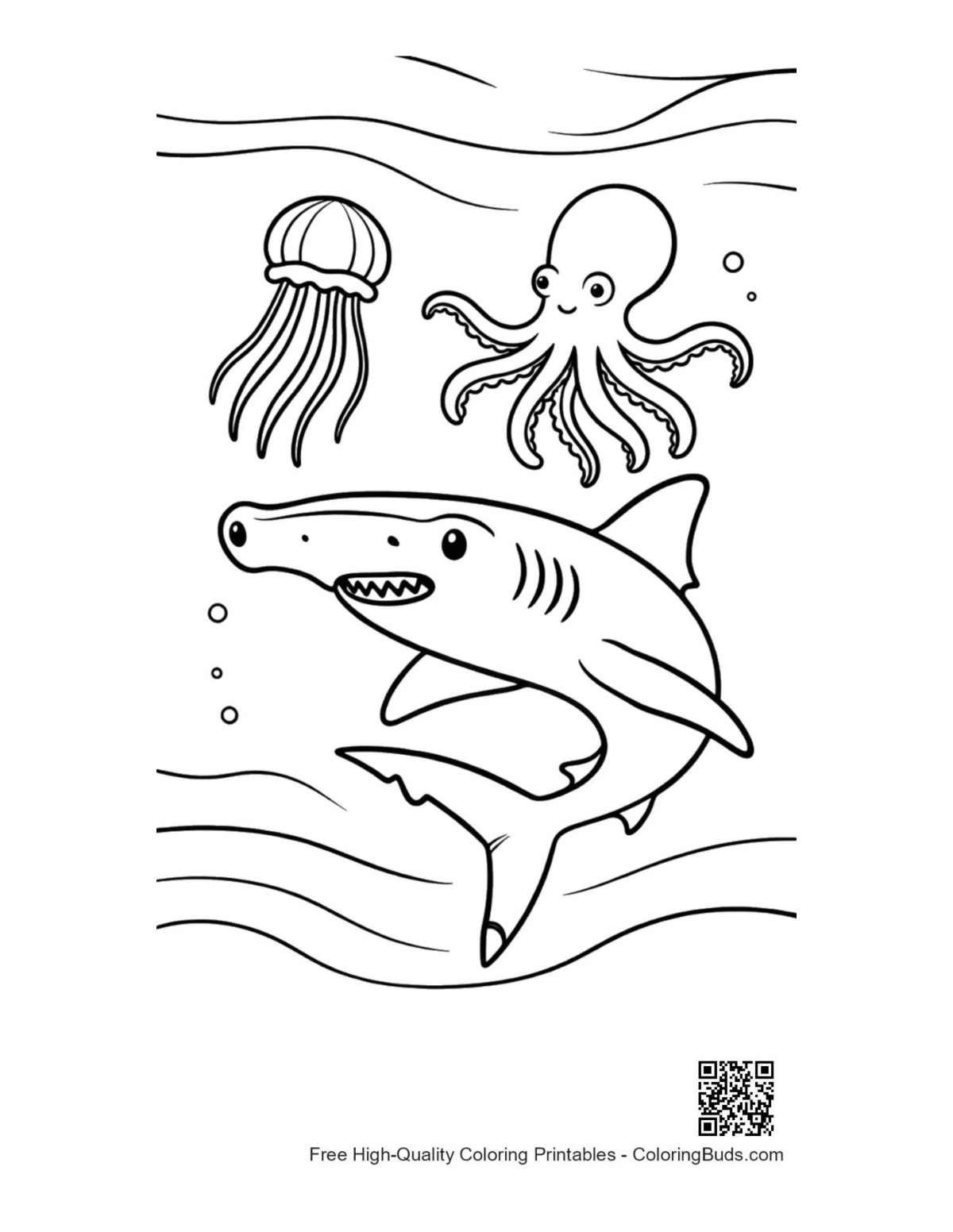 Happy hammerhead shark family in bubbles coloring printable
