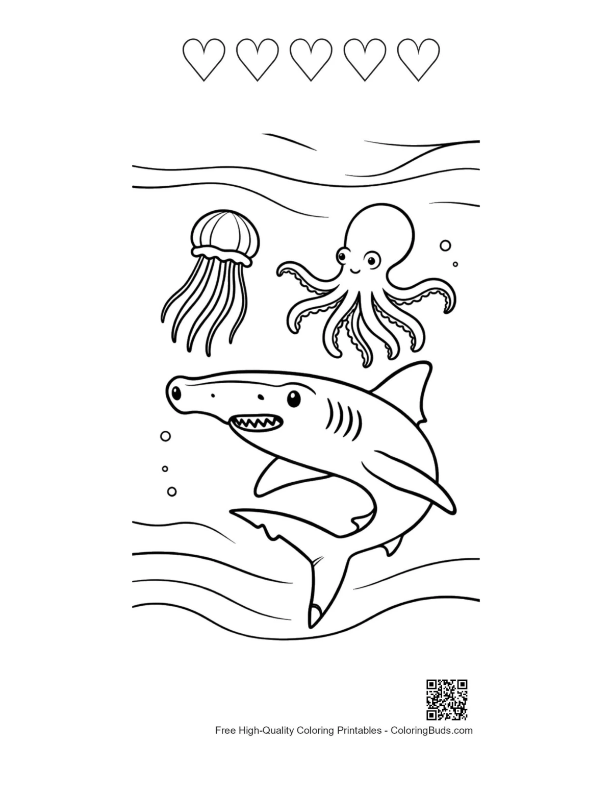Hammerhead sharks in bubbles printable 5 hearts outline