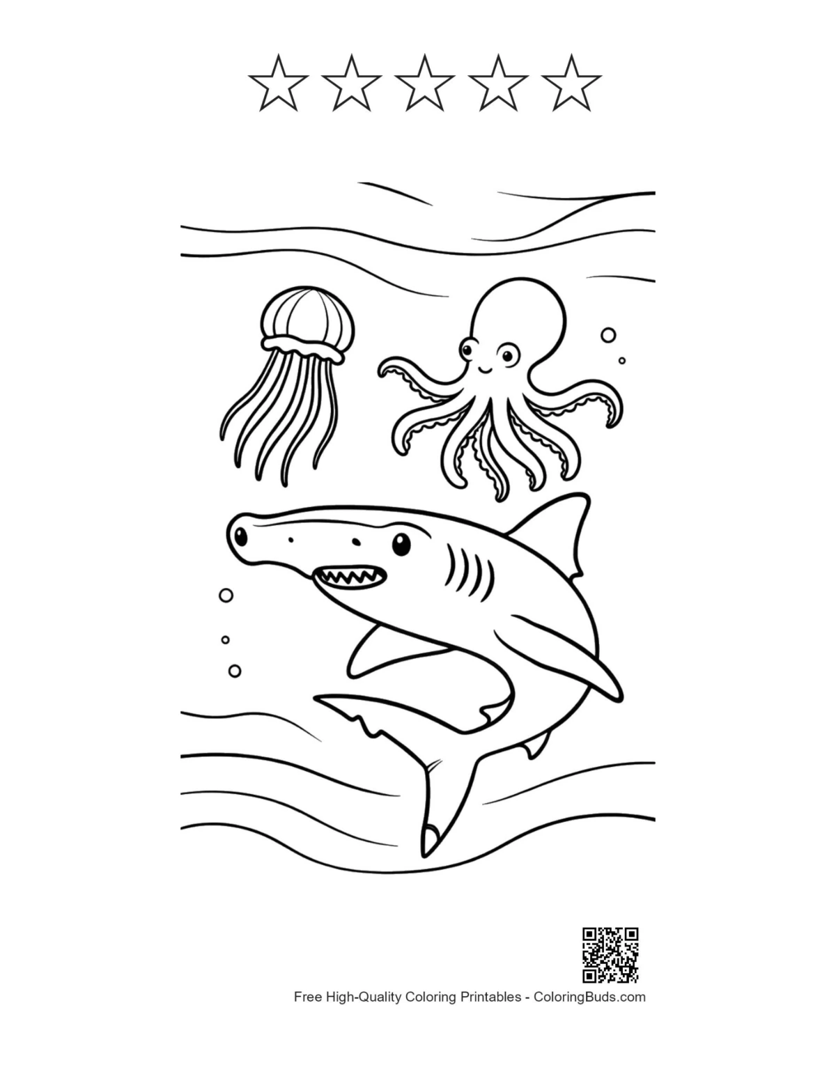 Happy hammerhead sharks swimming printable 5 stars outline
