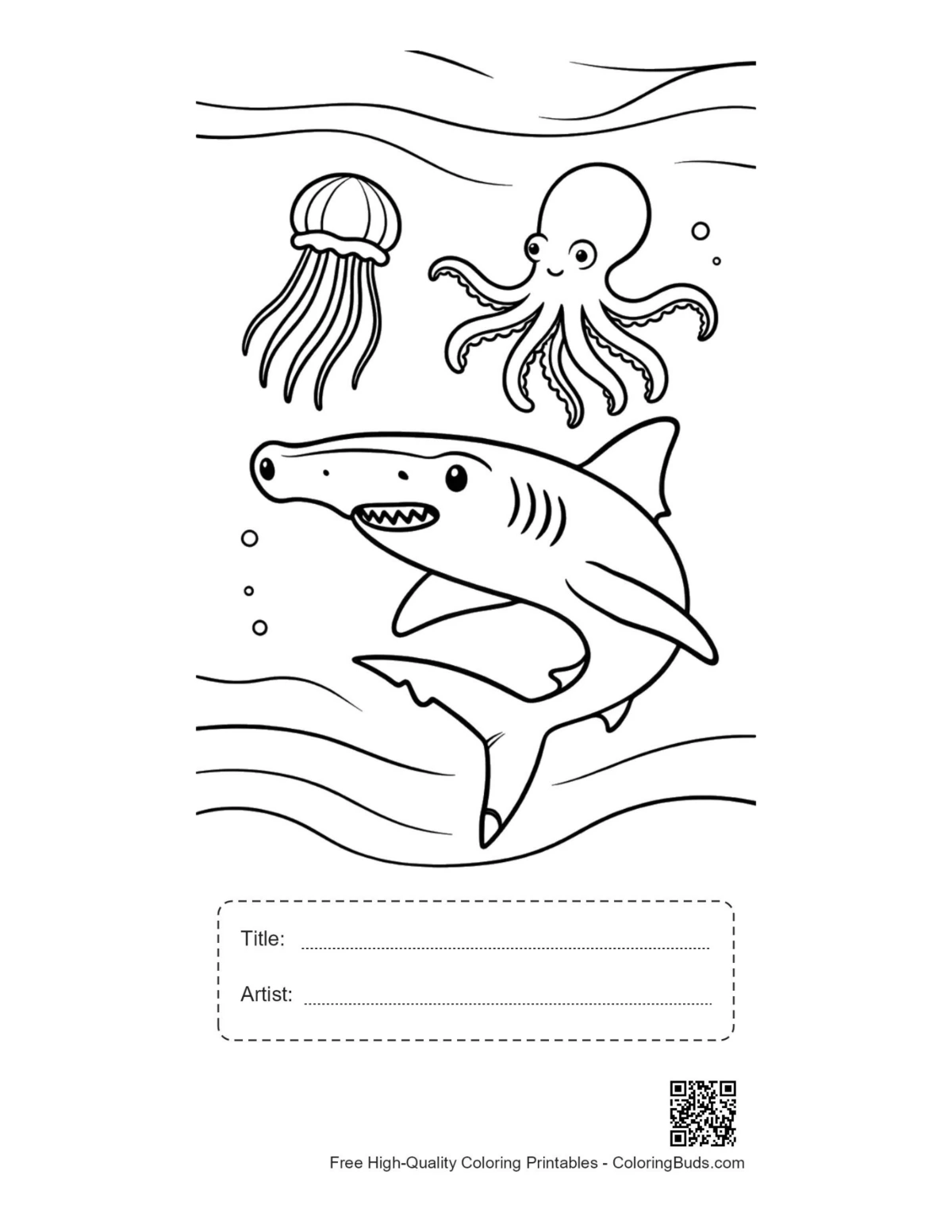 Happy hammerhead sharks in bubbles printable with title box