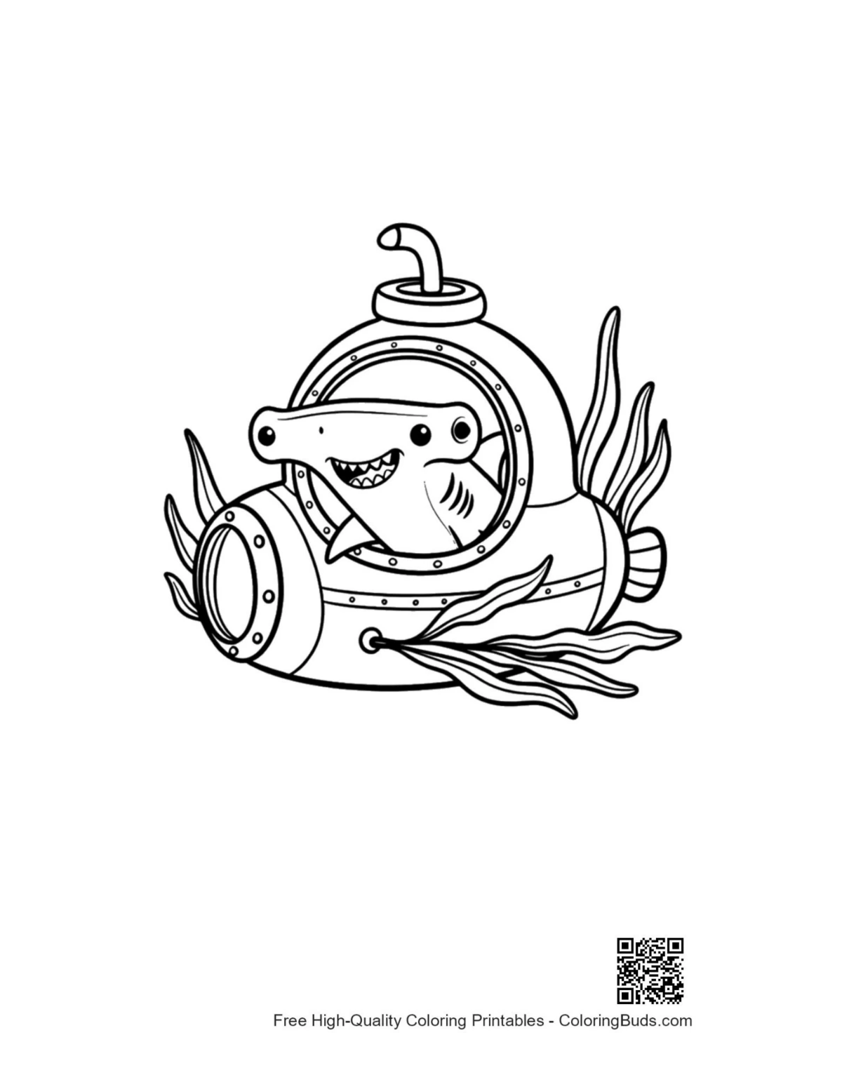 Cute hammerhead shark in mini sub printable coloring page