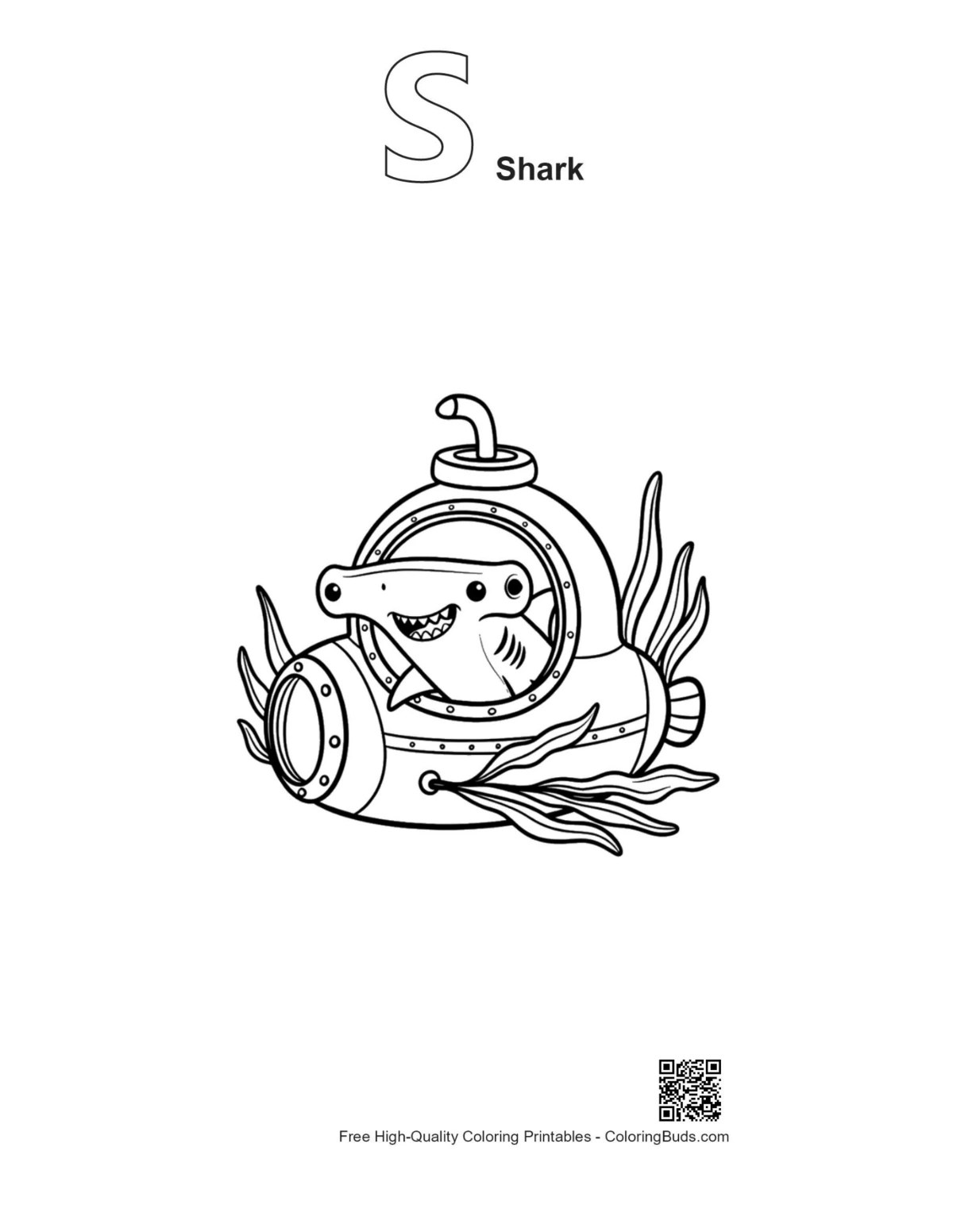 Hammerhead shark mini sub outline with alphabet S printable