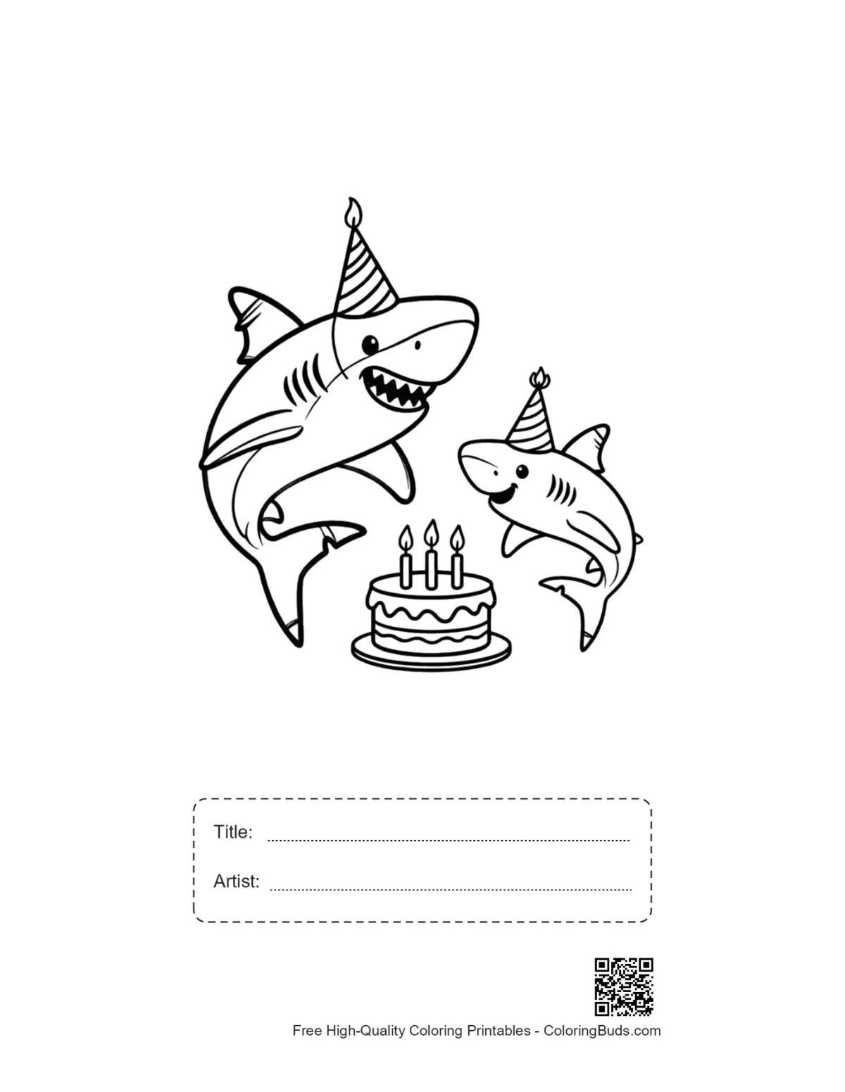 Printable shark party coloring page with title box