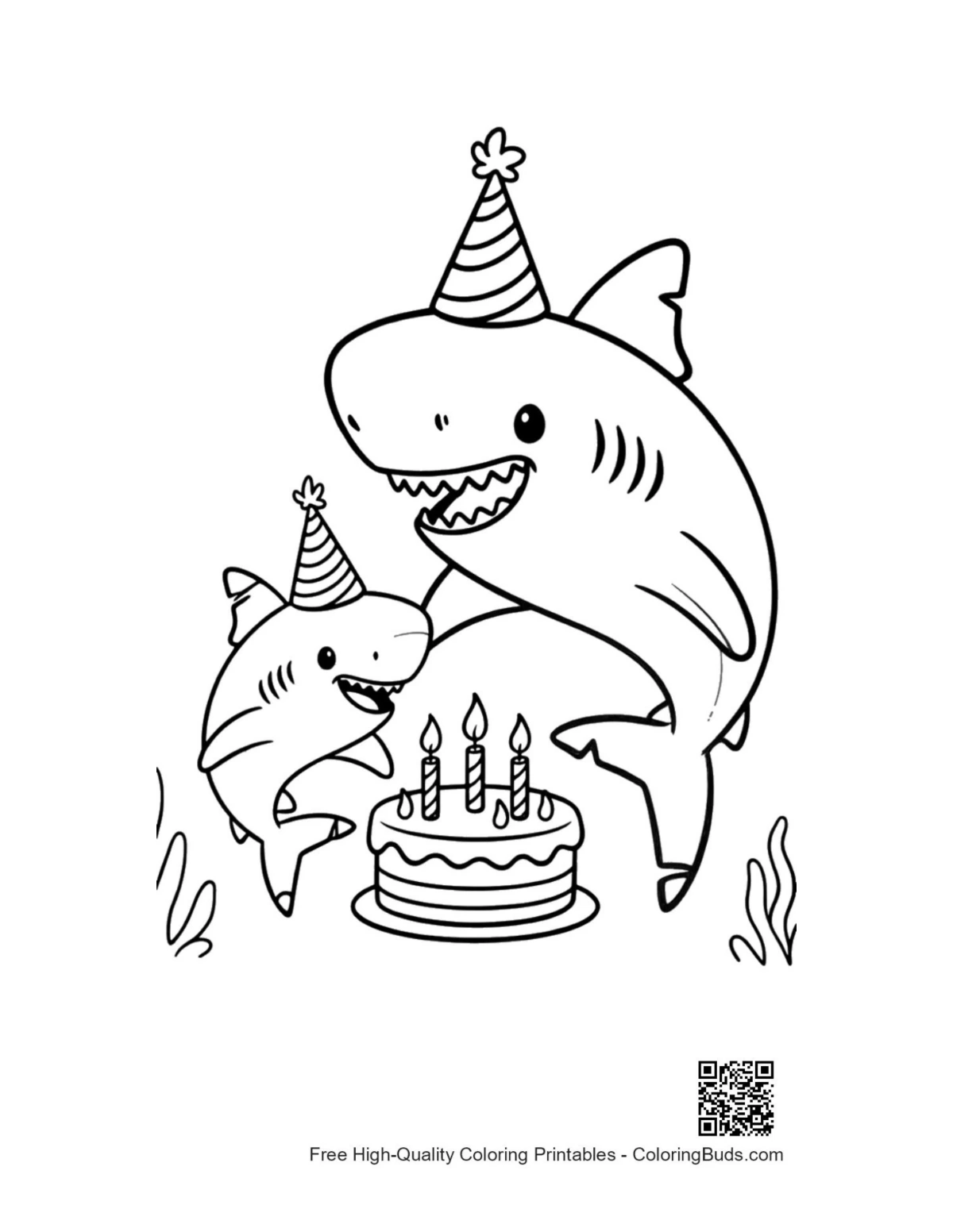 Great white sharks circling frosted birthday cake printable