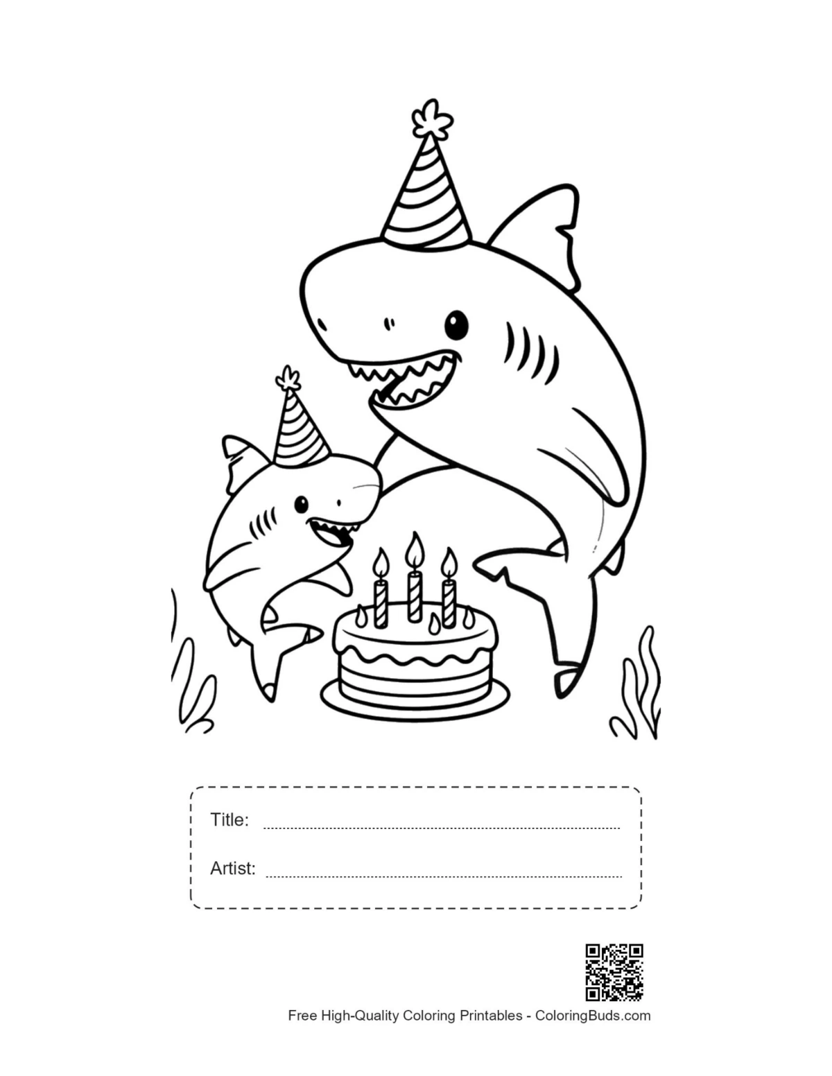 Sharks birthday cake printable with title artist box