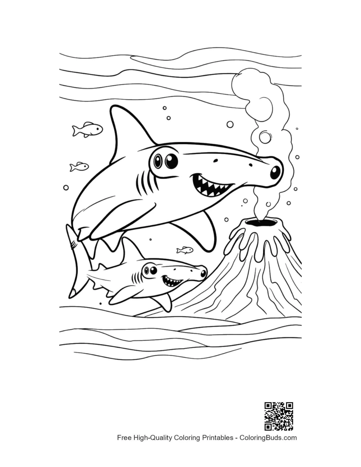 Strong hammerhead shark leaping over sea volcano printable