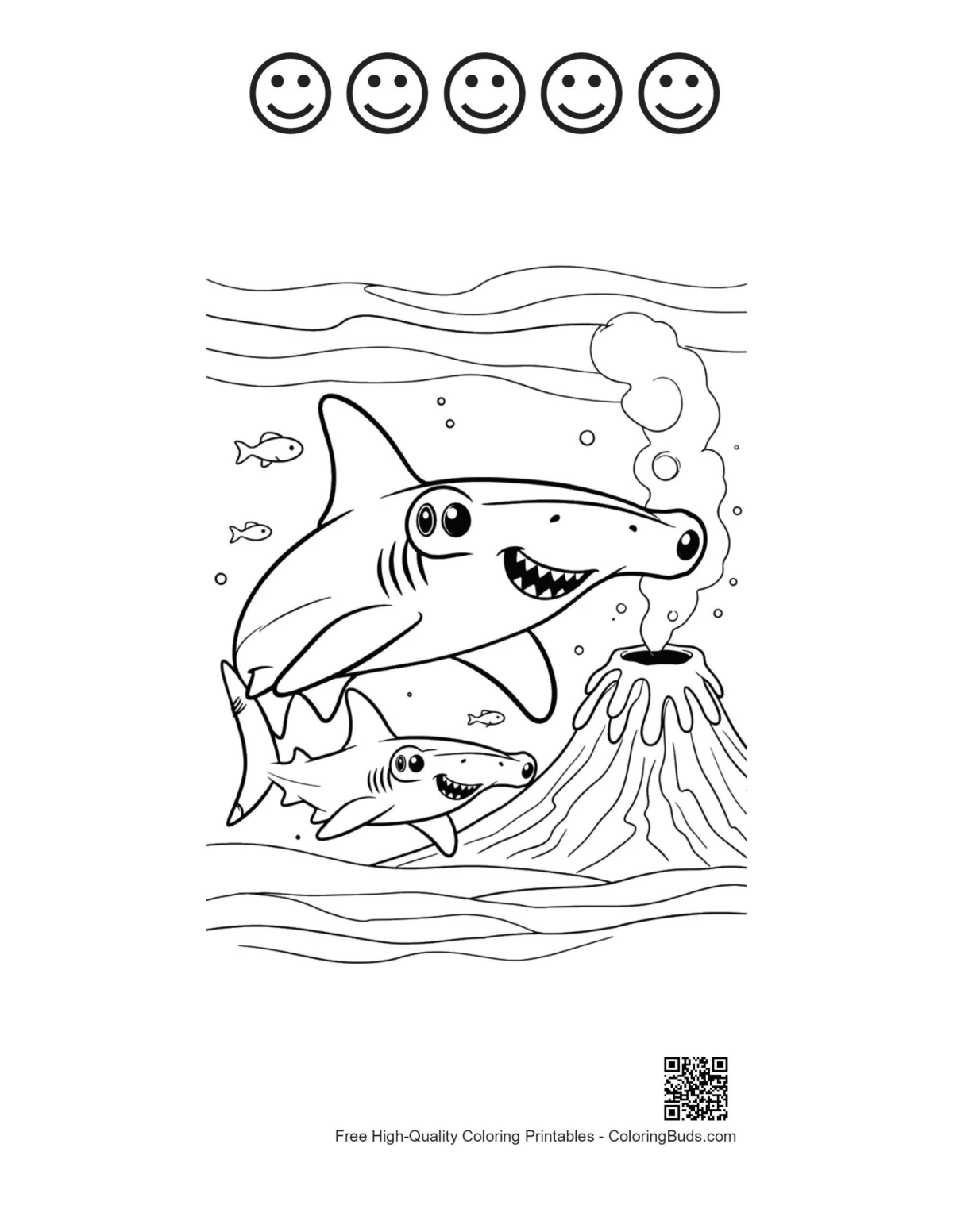 Hammerhead shark volcano print with happy faces