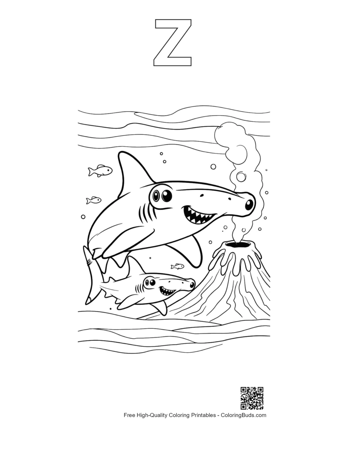 Hammerhead shark volcano printable with alphabet Z outline