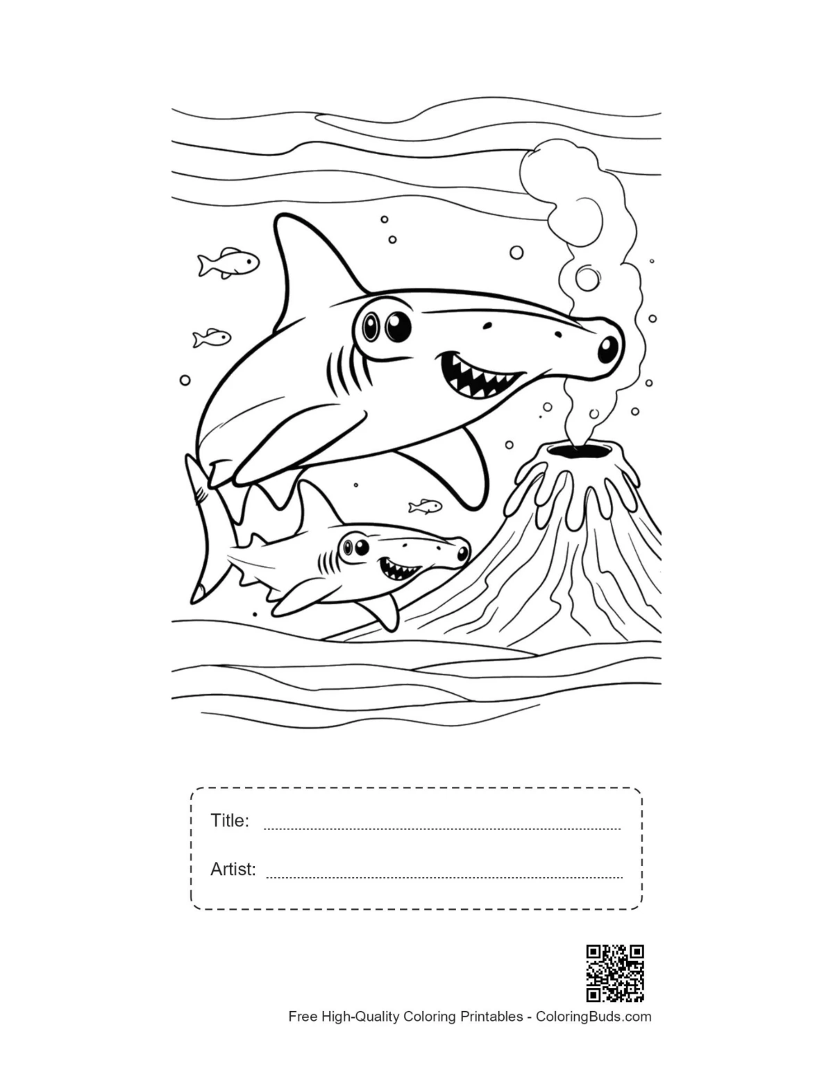 Hammerhead shark sea volcano printable with title box