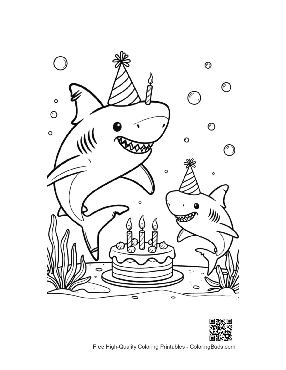 Two great white sharks in striped party hats underwater printable