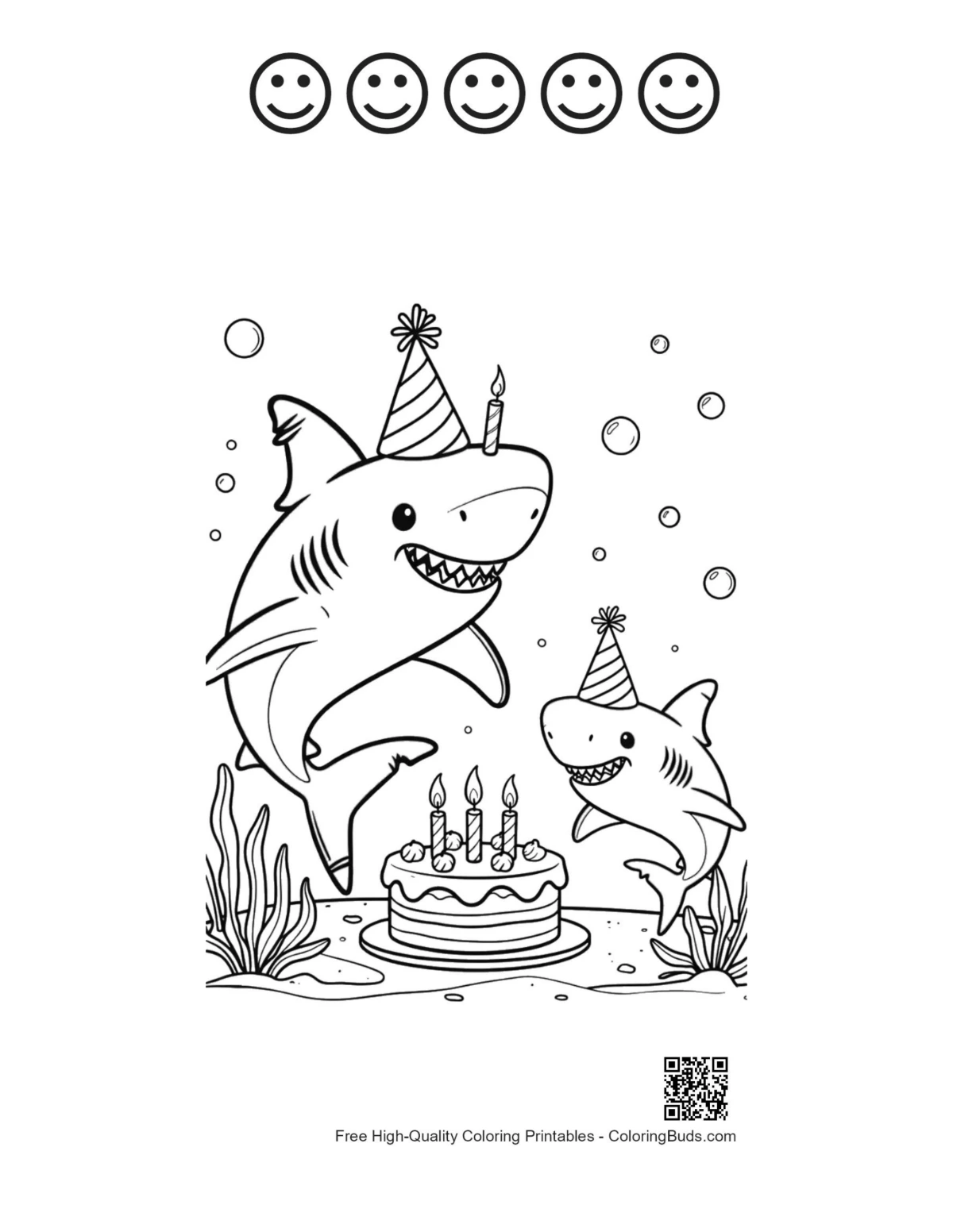 Sharks party hats with 5 happy faces outline printable