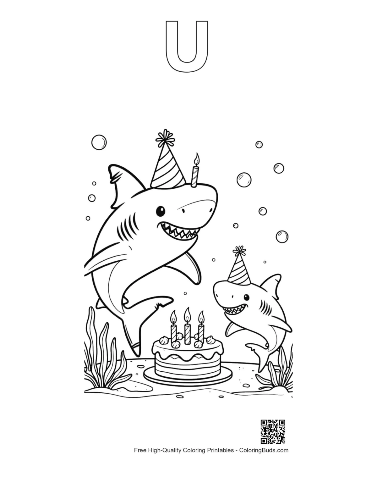 Sharks party hats printable with alphabet U outline