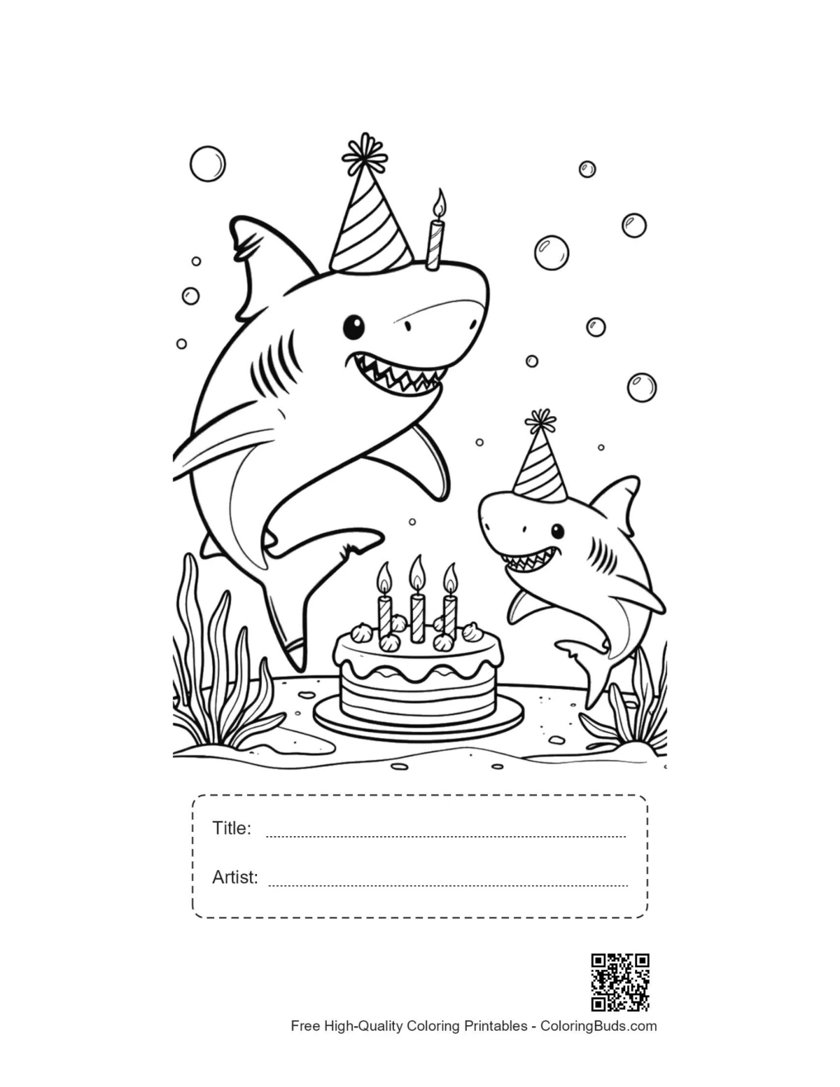 Sharks in party hats underwater printable with title box