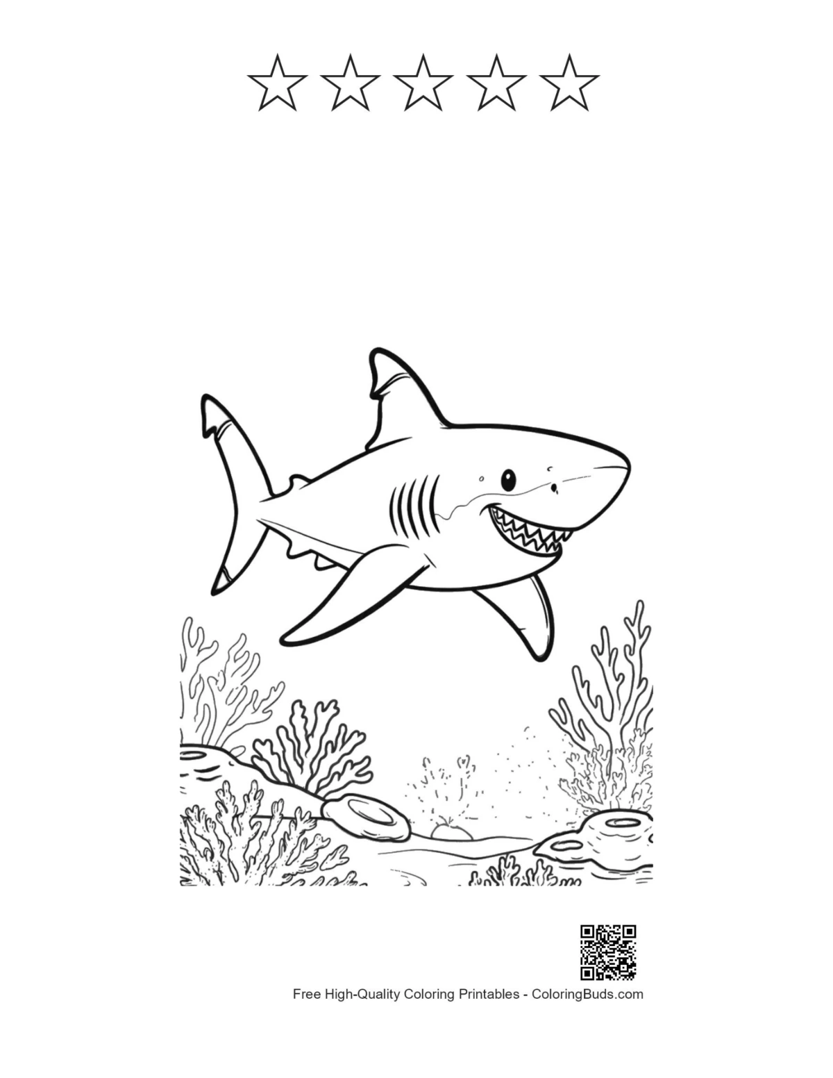 Friendly sharks birthday printable with 5 star outlines