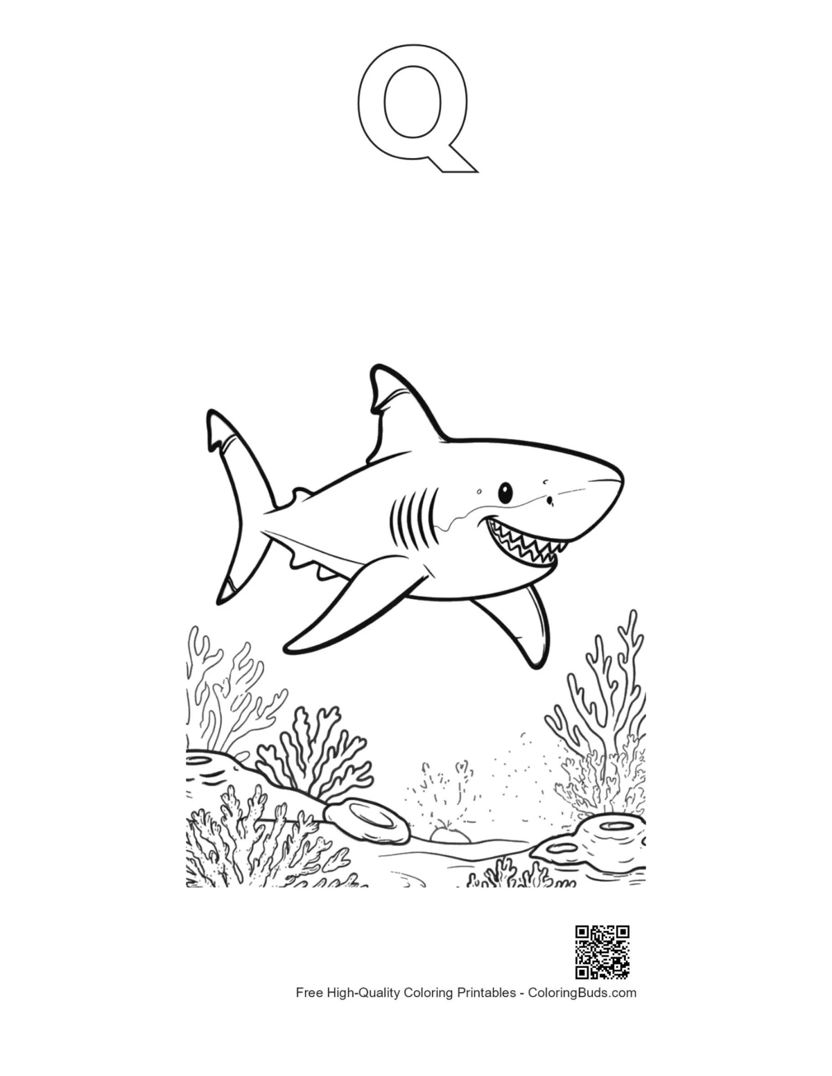 Sharks undersea birthday outline with alphabet Q coloring page