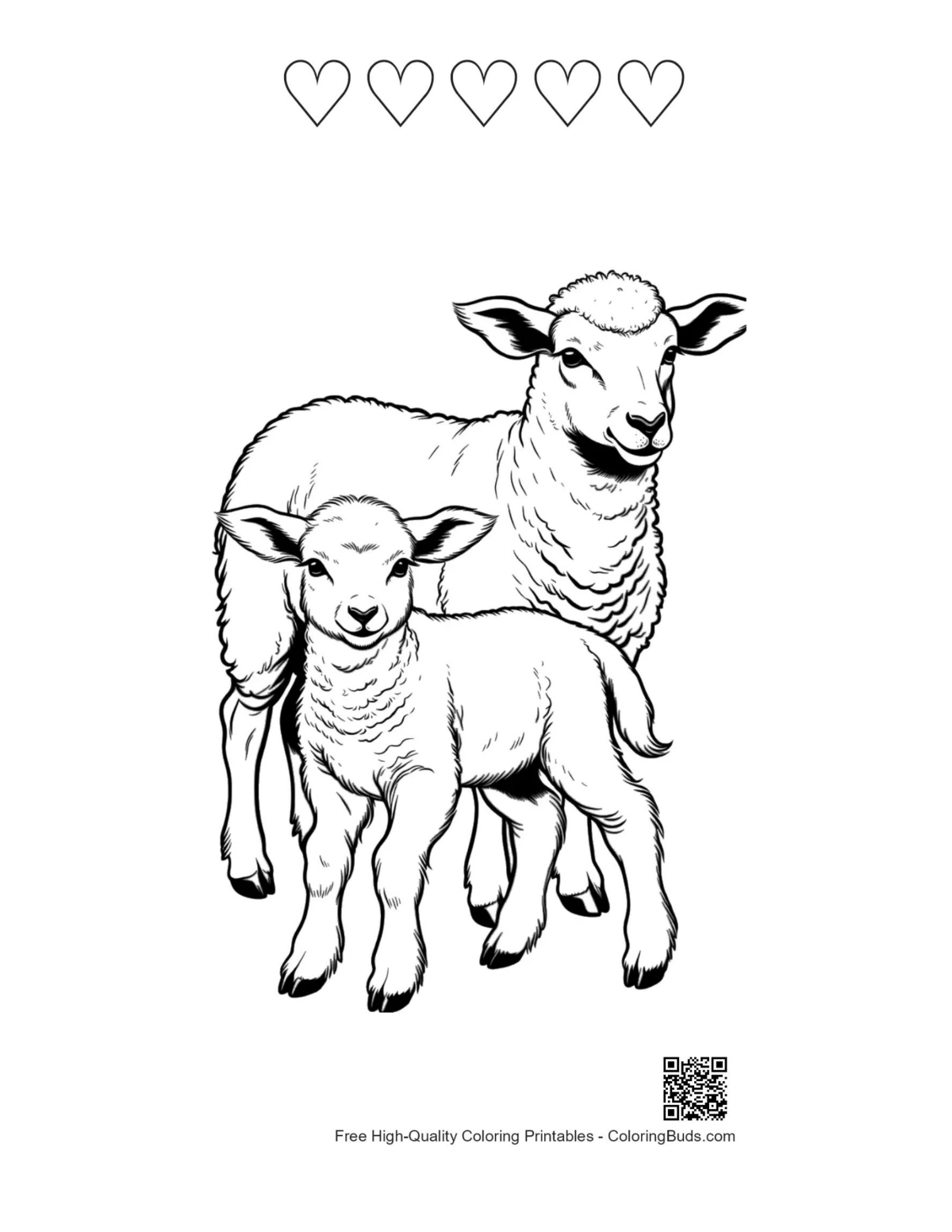 Cute sheep lamb with 5 heart outlines printable