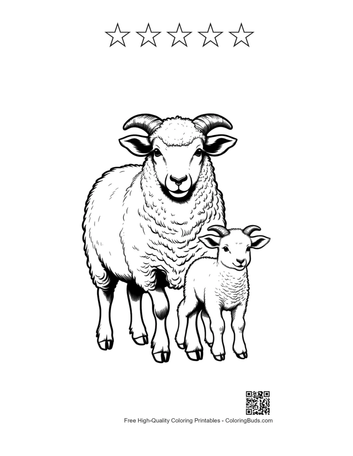 Printable woolly sheep with 5 star outlines