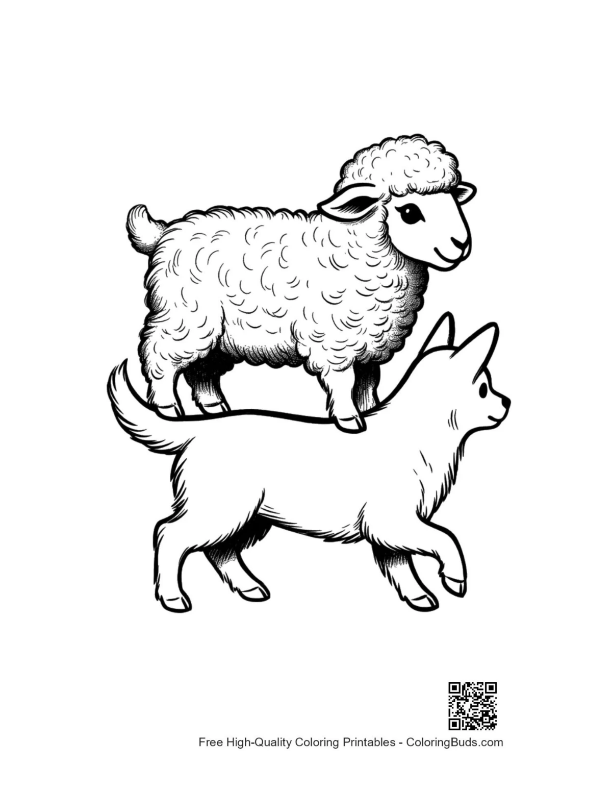 Woolly sheep riding playful dog coloring page