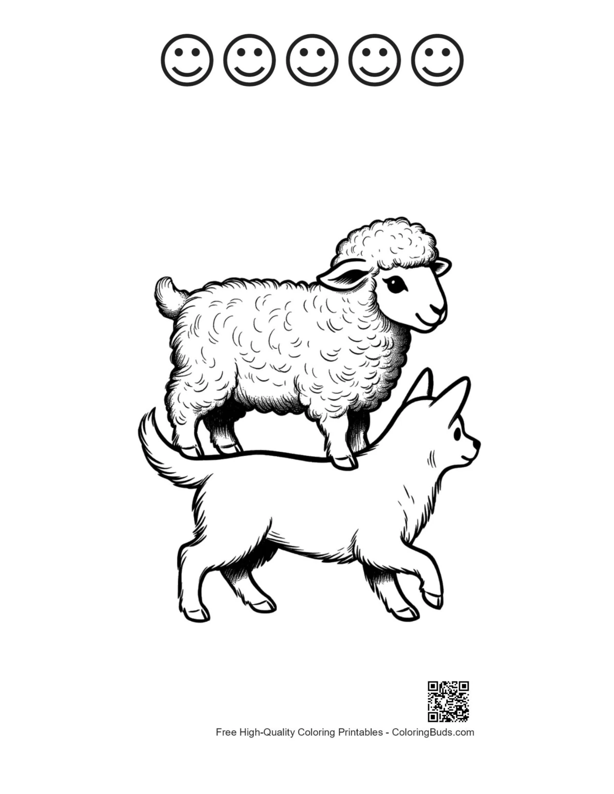 Sheep riding dog with 5 happy faces printable