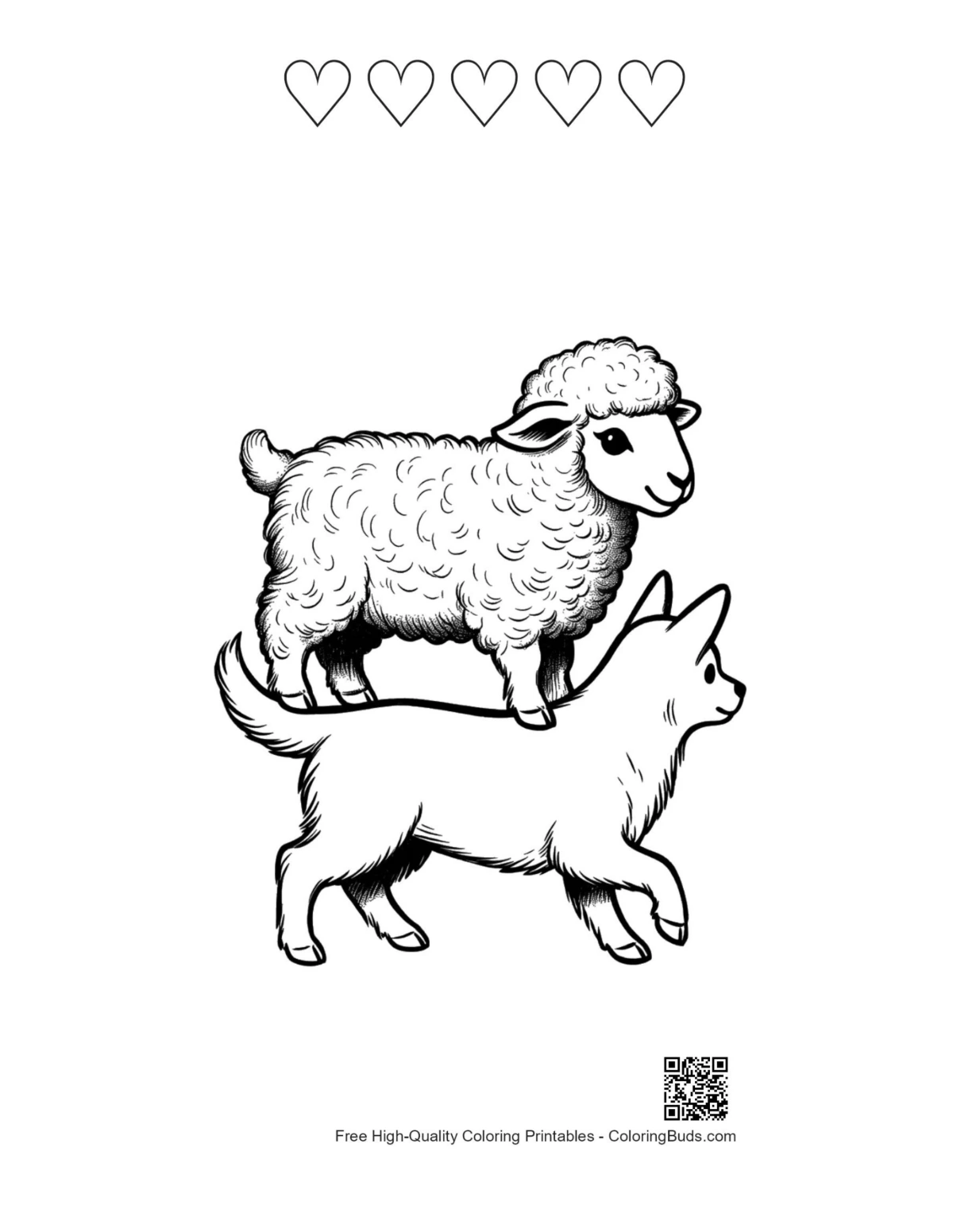 Woolly sheep dog 5 hearts outline coloring sheet