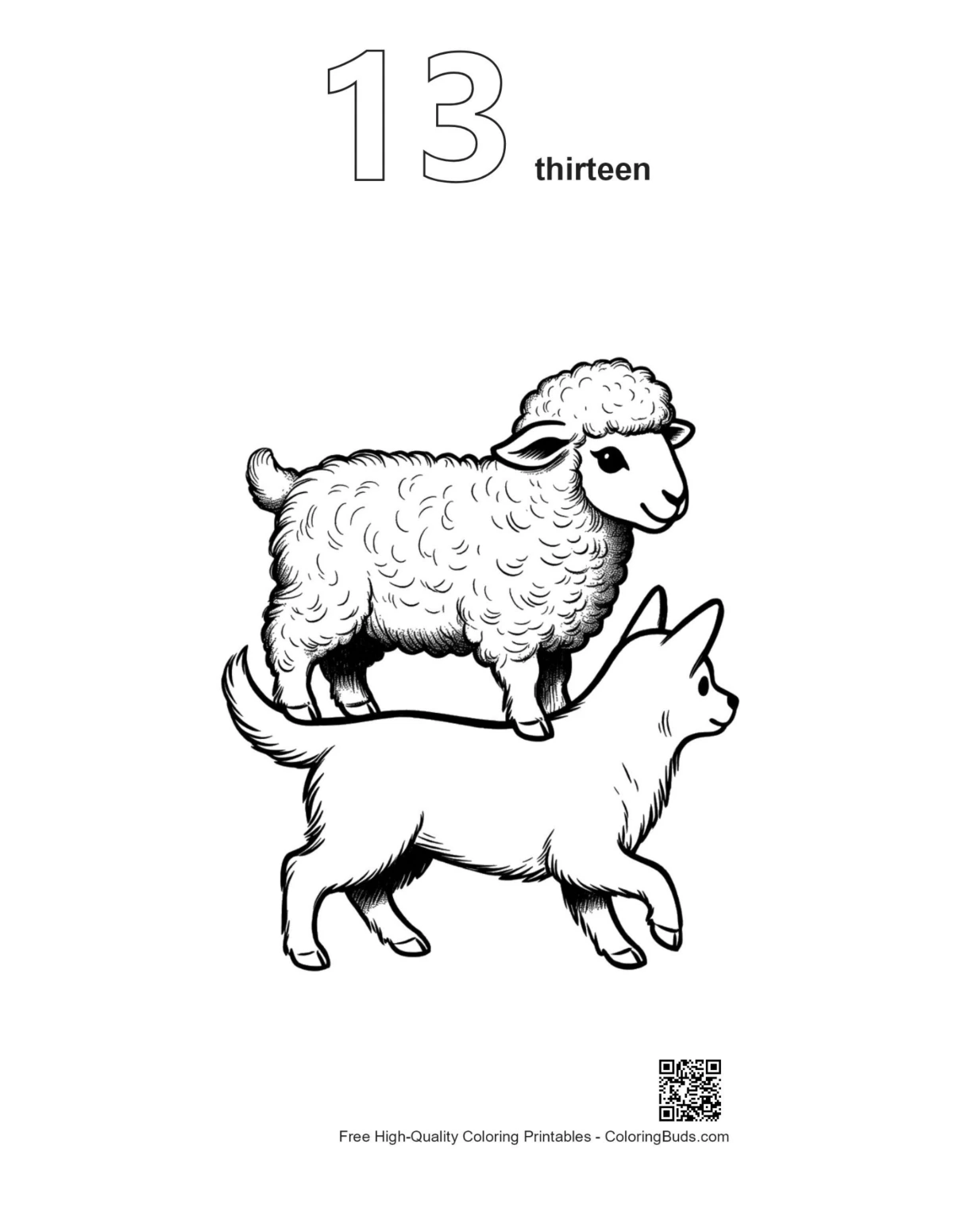 Number 13 woolly sheep dog outline printable