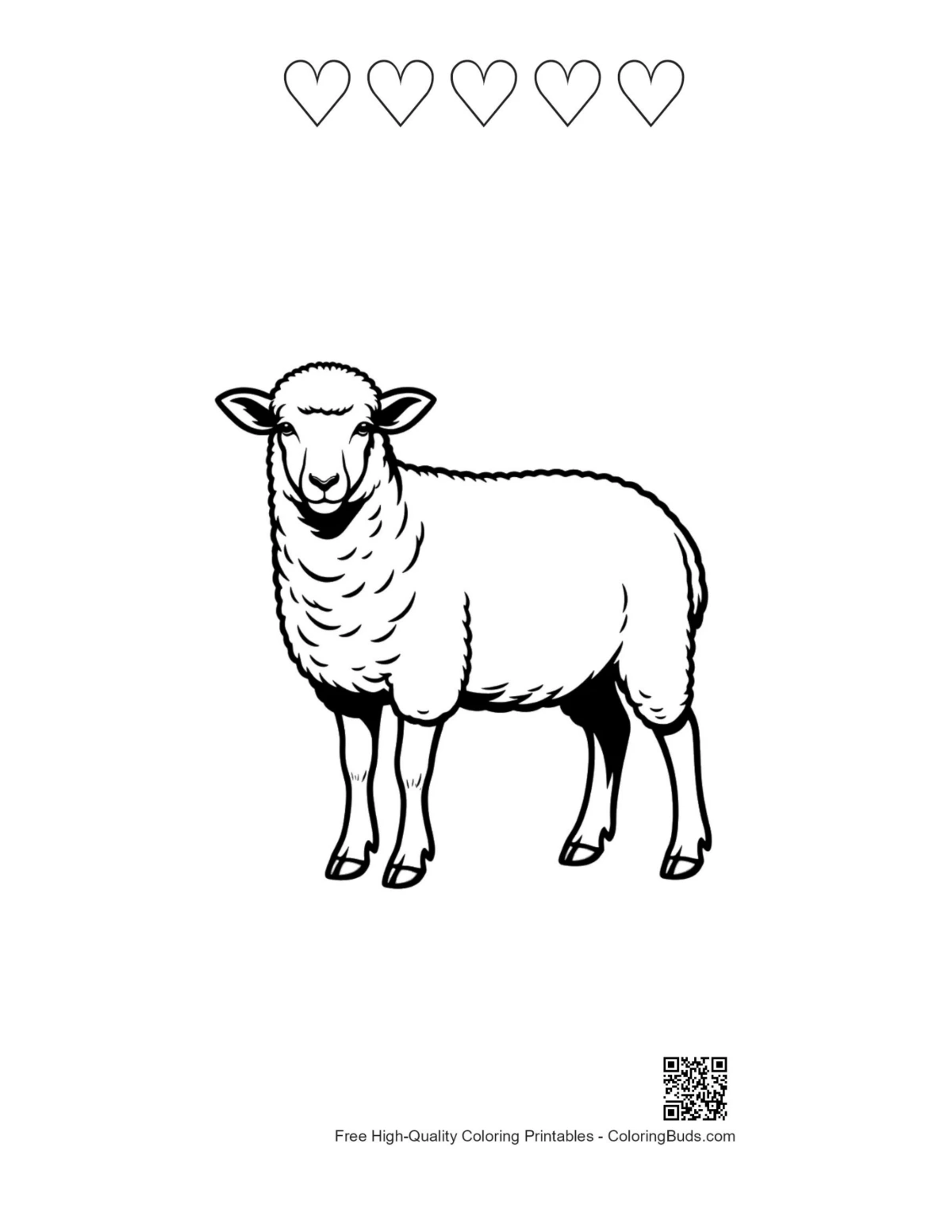Heart-themed Woolly Sheep coloring sheet