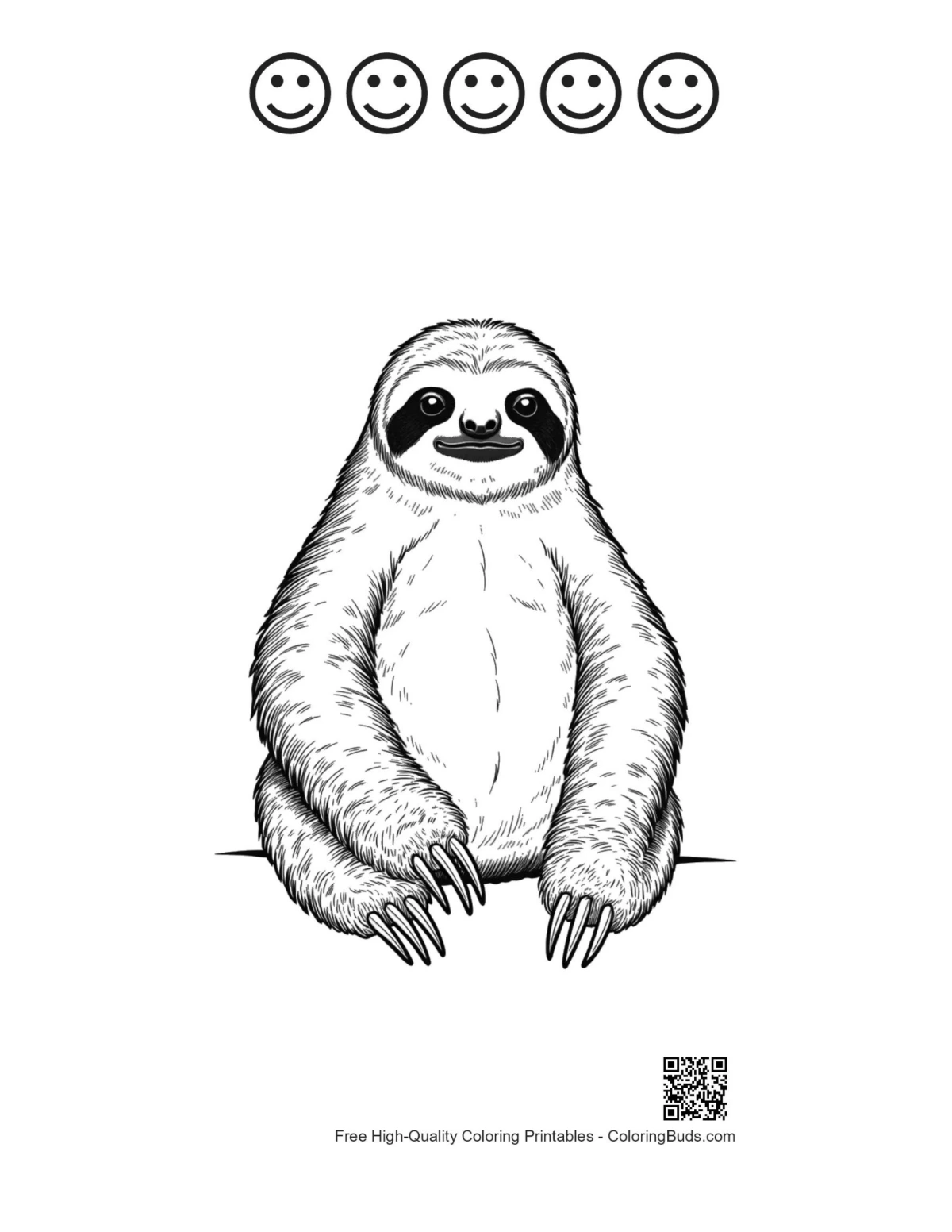 Smiling sloth printable with 5 happy face outlines