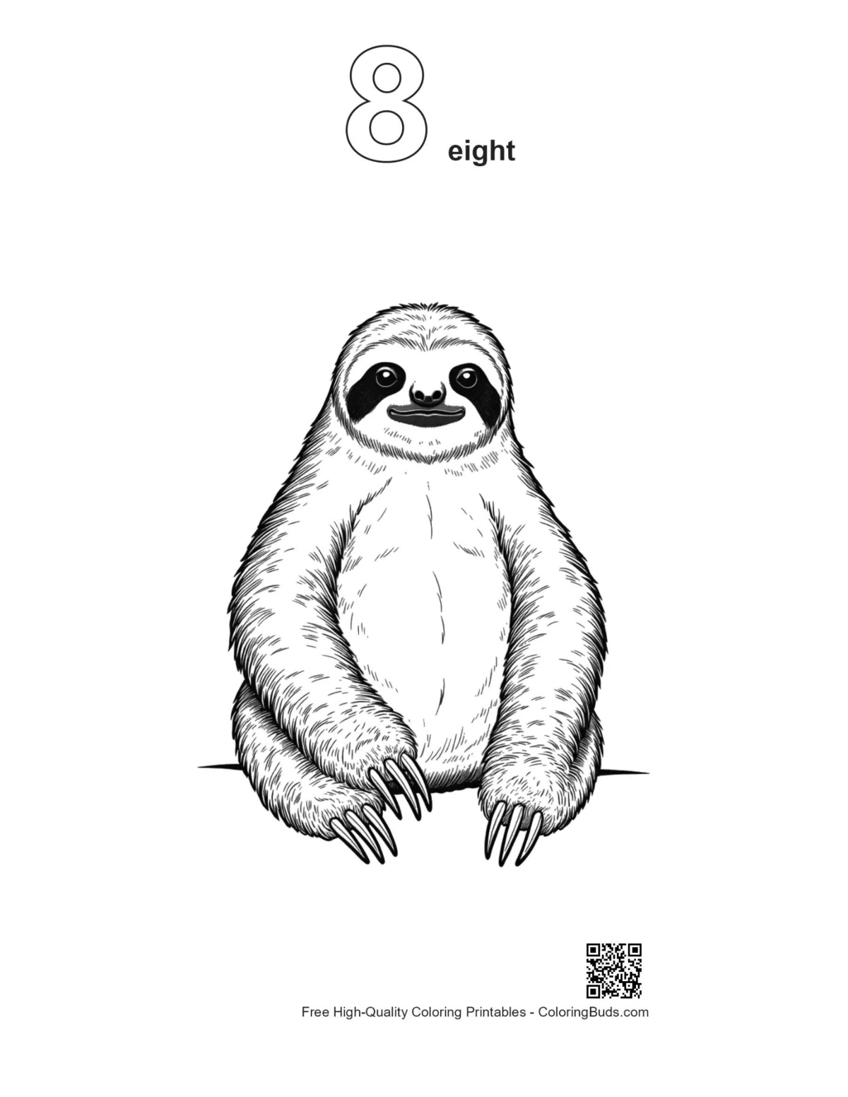 Smiling three-toed sloth printable outline number 8