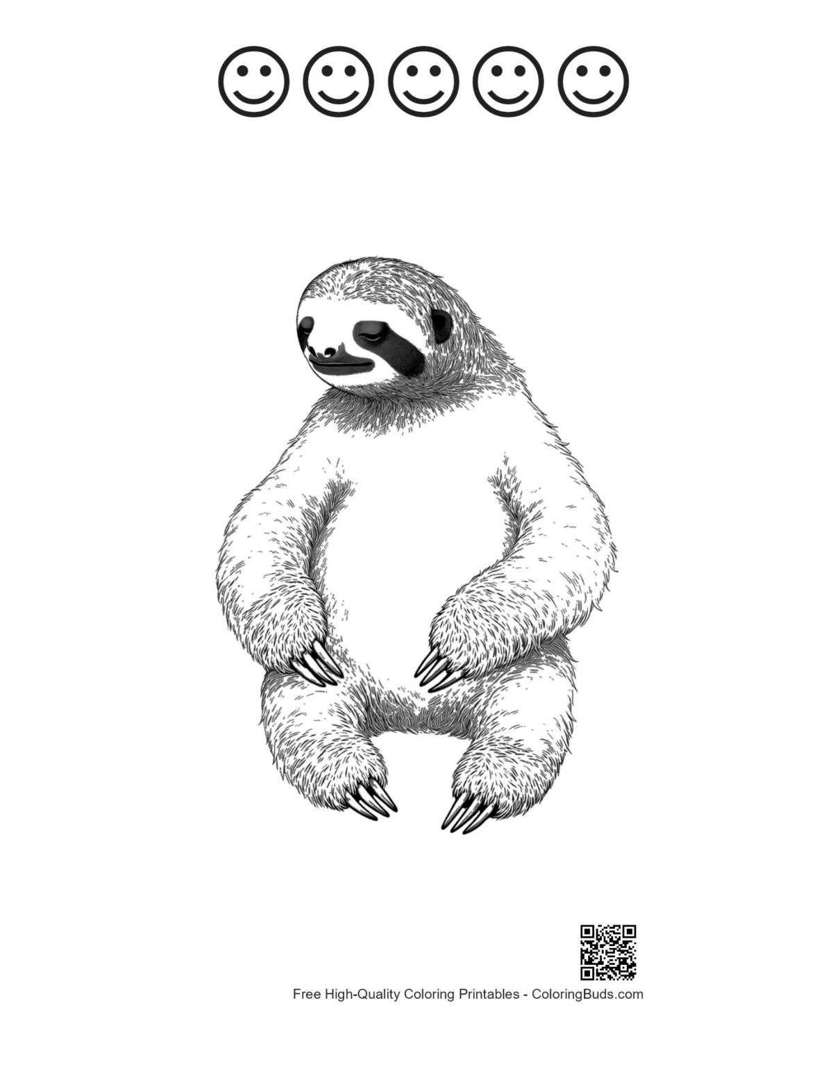Chill three-toed sloth with 5 happy face outlines printable