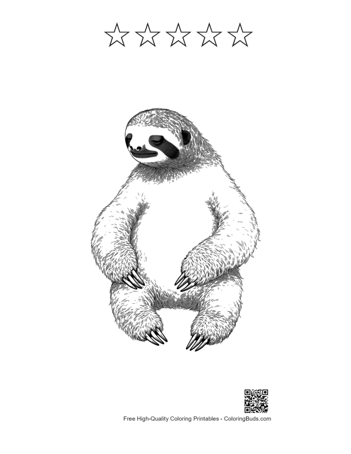 Chill three-toed sloth printable with 5 star outlines