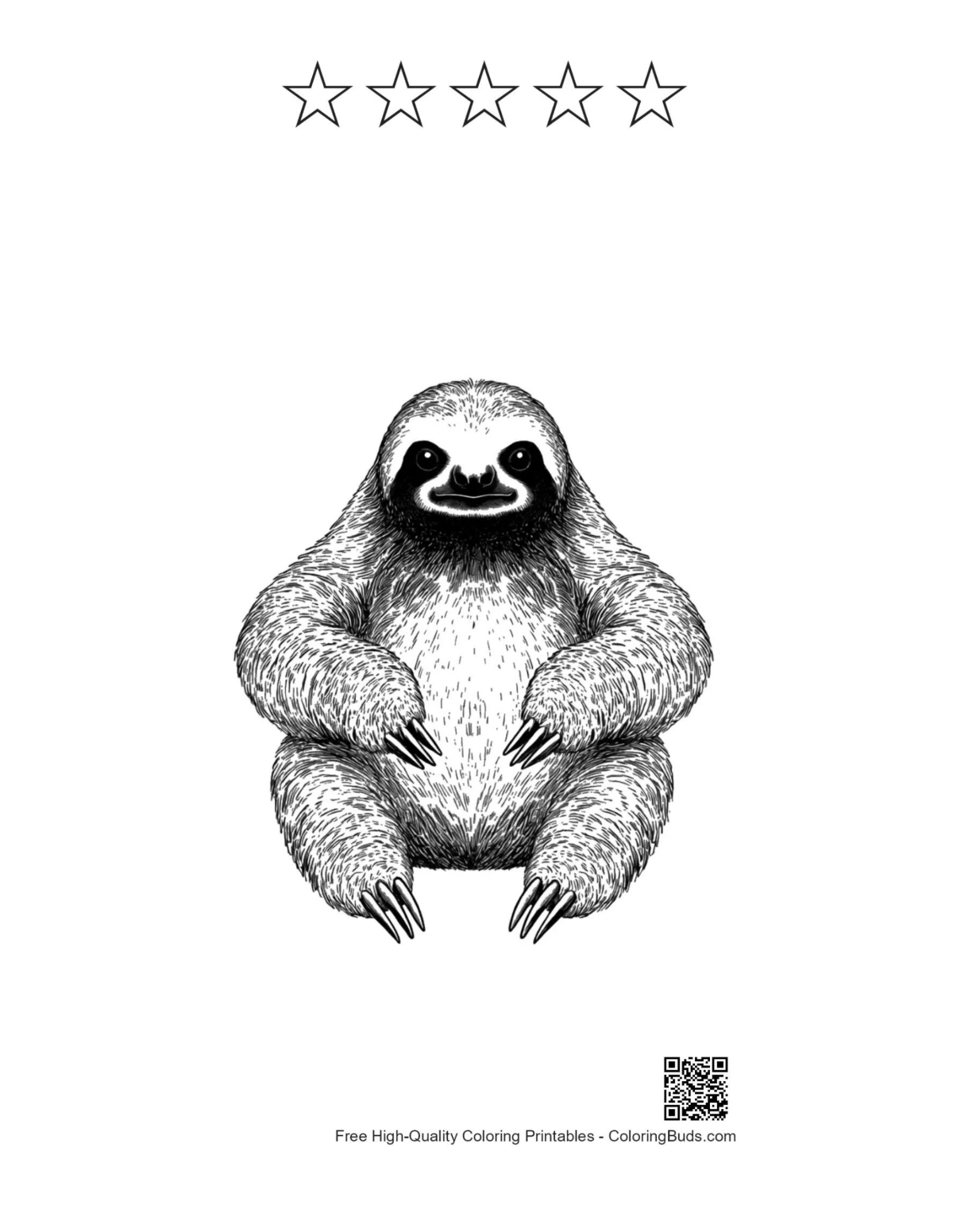 Printable sloth with 5-star outline design