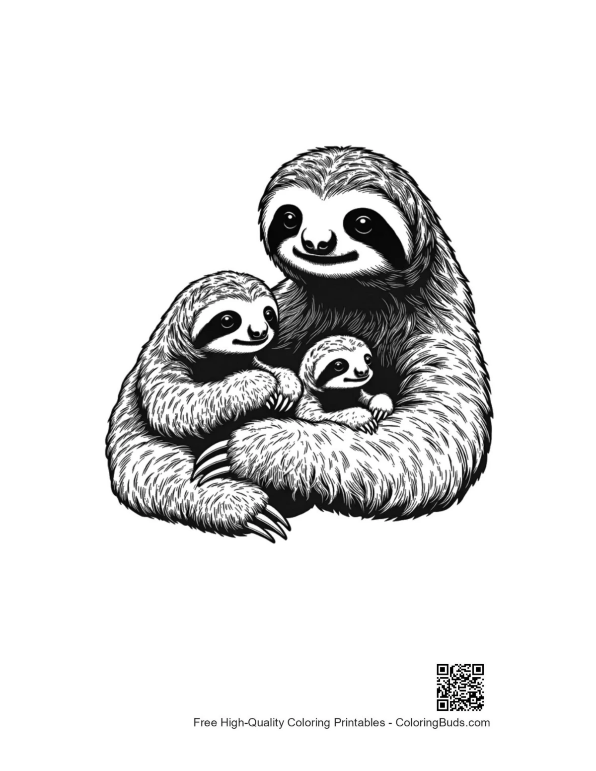 Mother three-toed sloth hugging babies illustration
