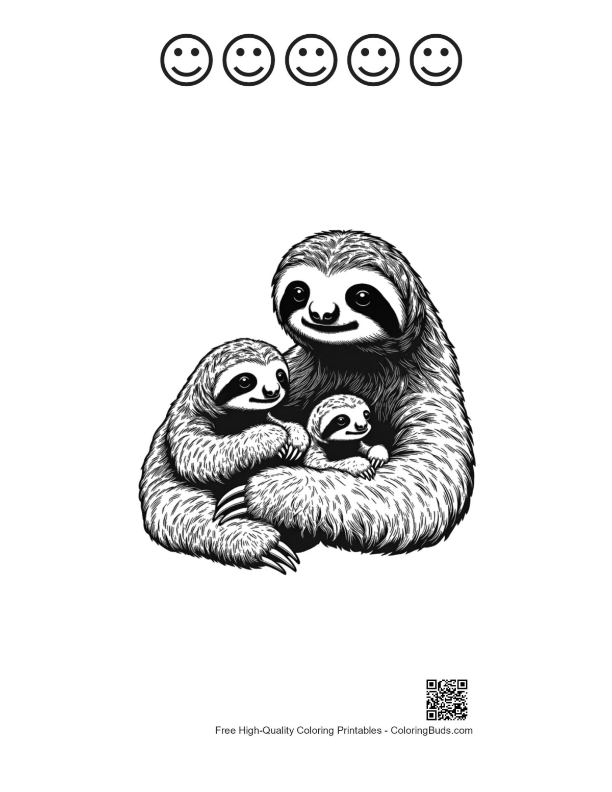 Three-toed sloth printable with 5 happy faces outline