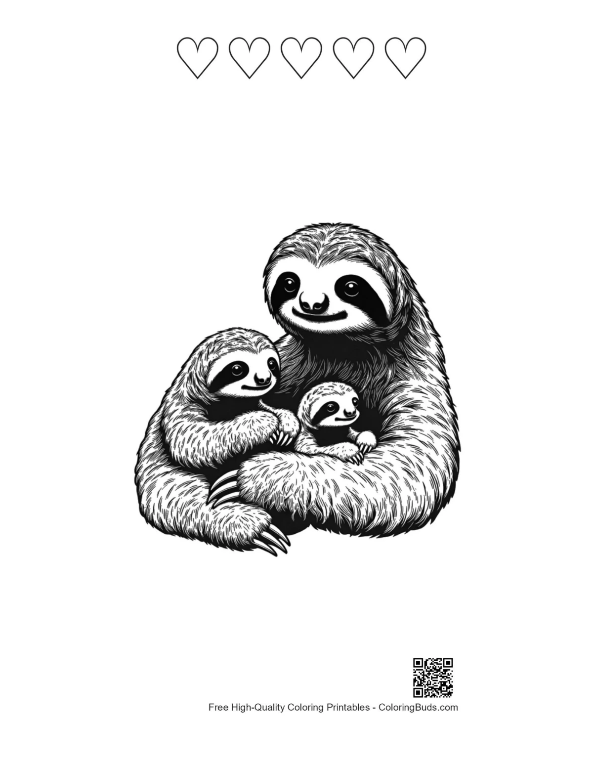 Mother sloth babies printable with 5 hearts outline