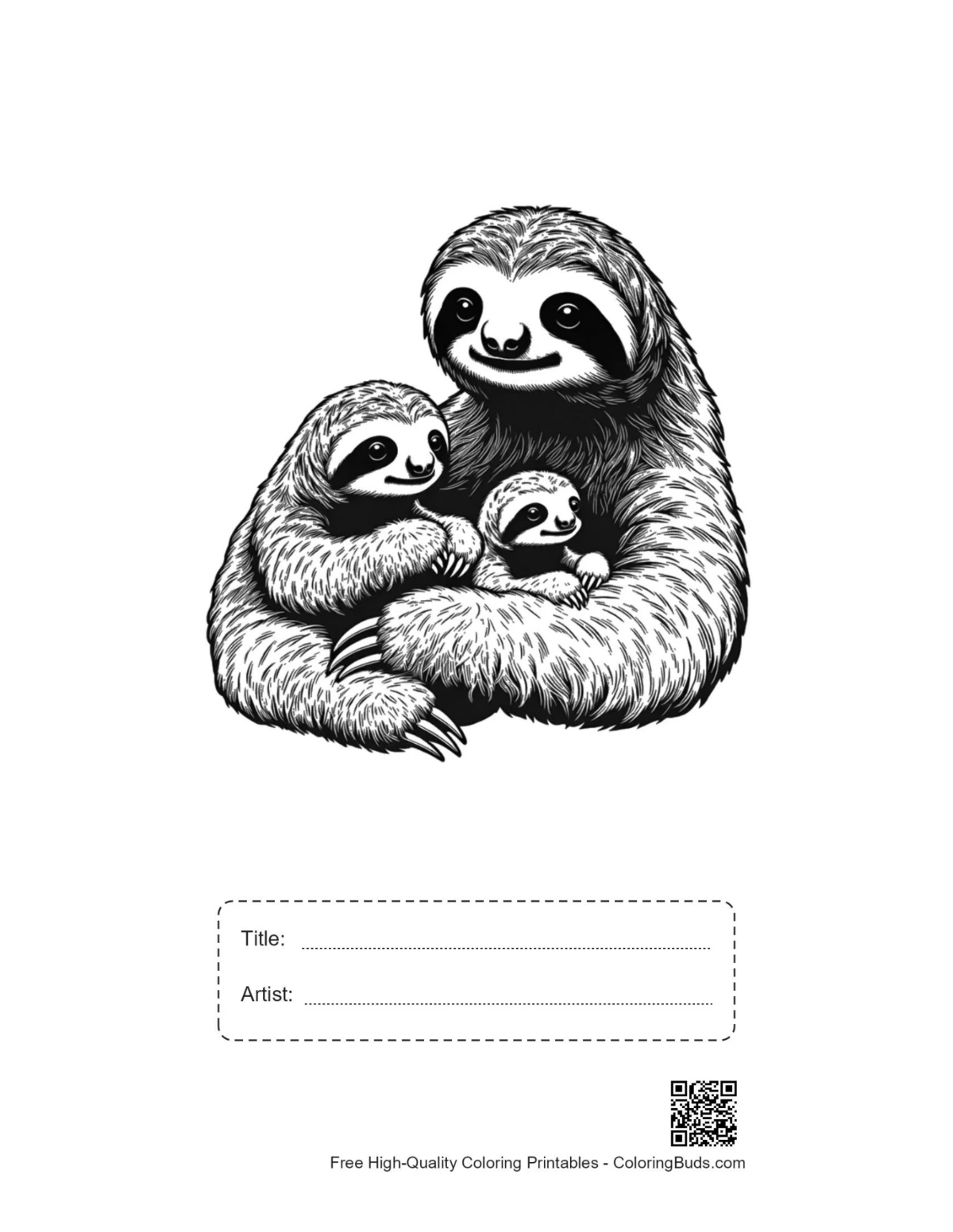 Printable mother three-toed sloth with babies and title box