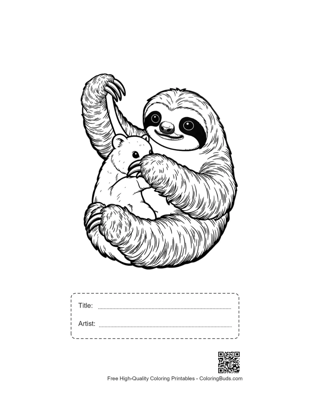 Mother sloth hugging baby printable with title box