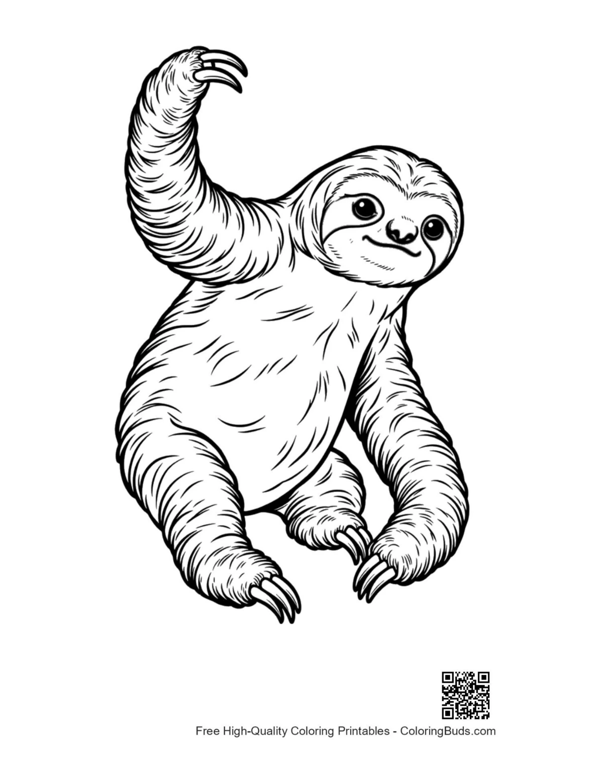 Playful three-toed sloth waving happily coloring page