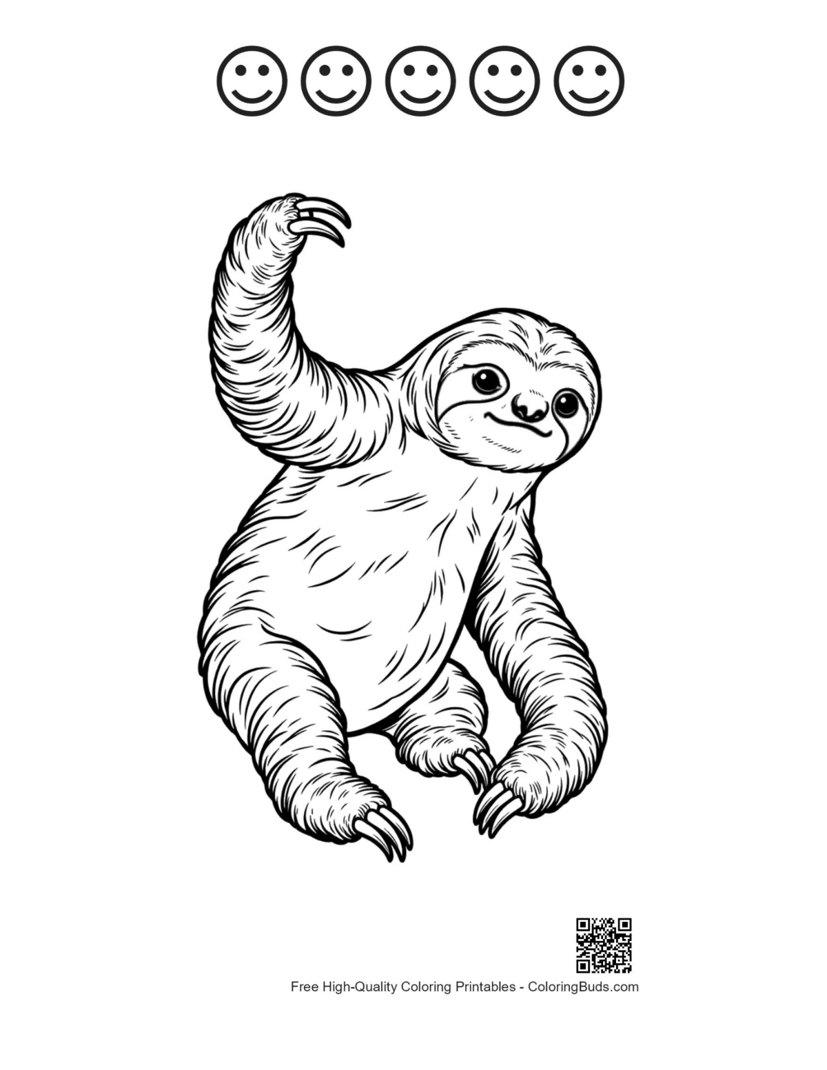 Sloth printable with 5 happy faces