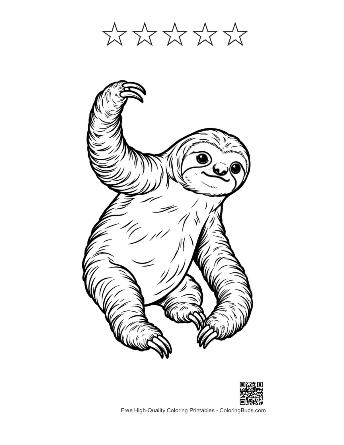 Printable sloth with 5 star outlines