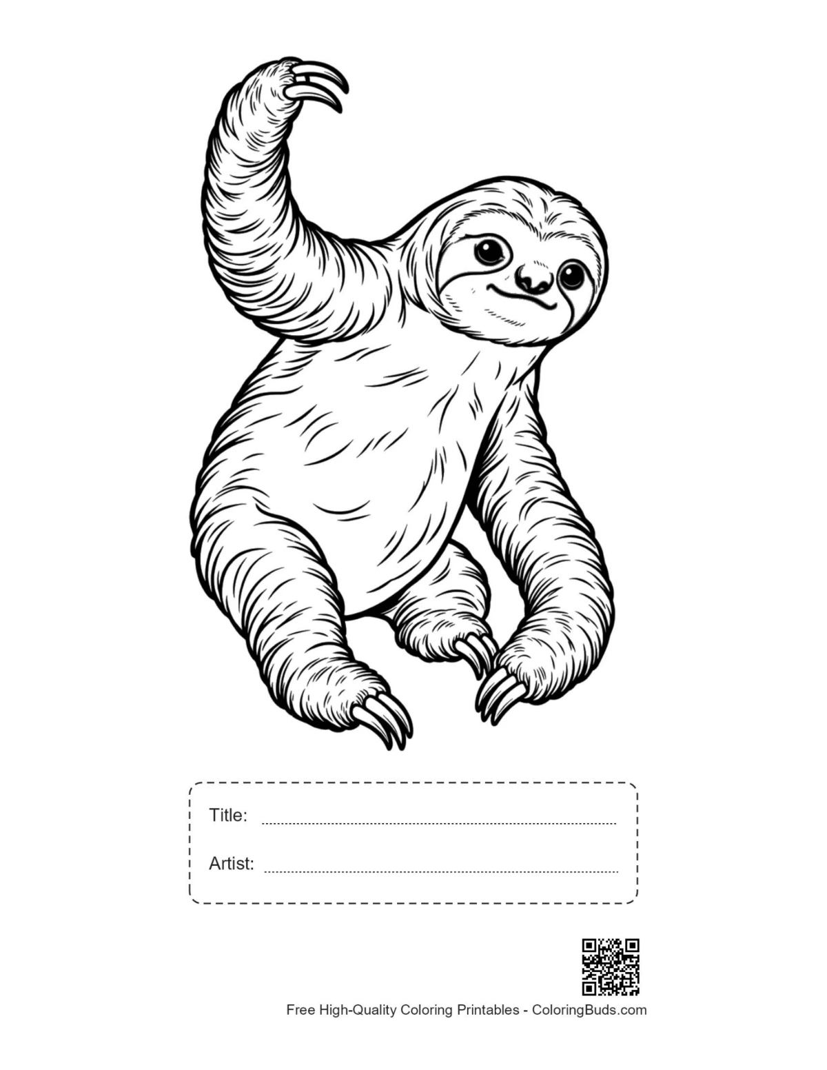 Printable sloth sheet with title and artist box