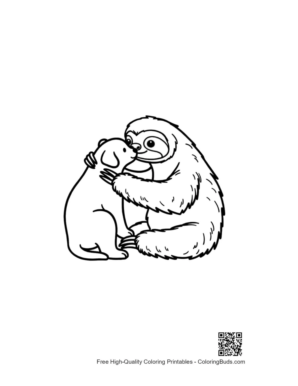 Three-toed sloth hugging cute puppy coloring page