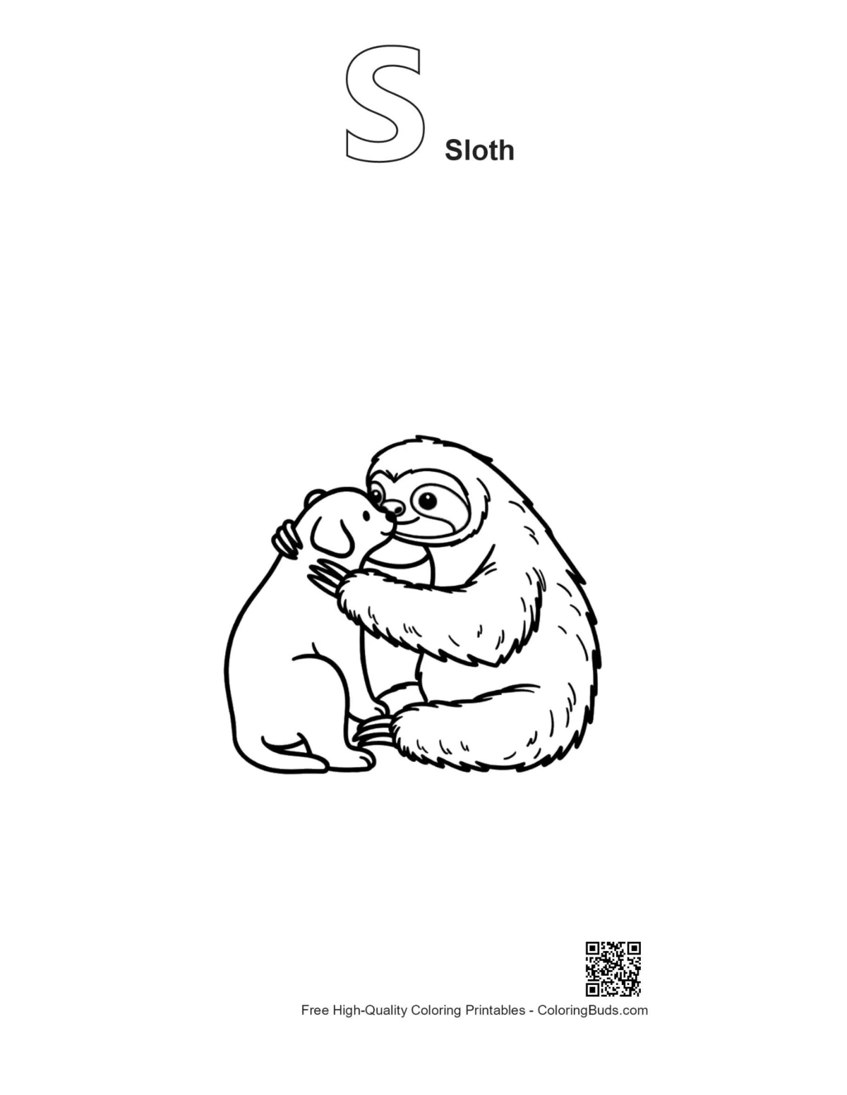 Sloth hugging puppy alphabet S outline printable