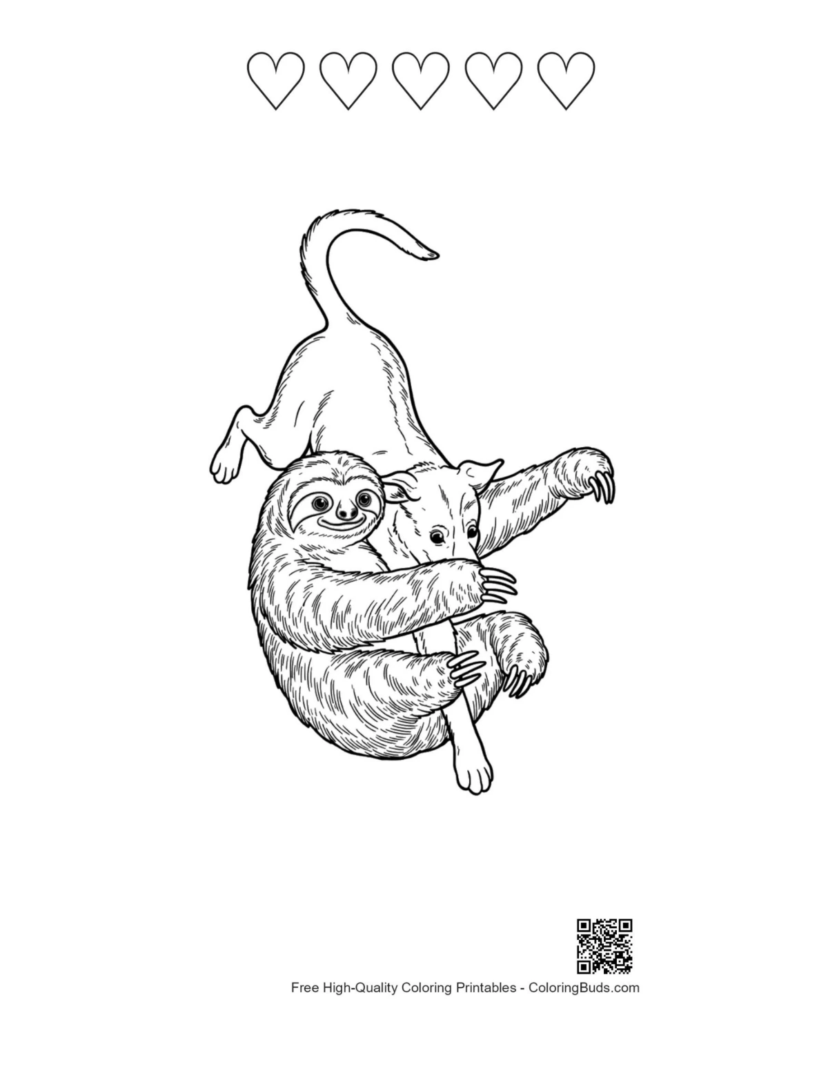 Three-toed sloth dog printable with heart outlines