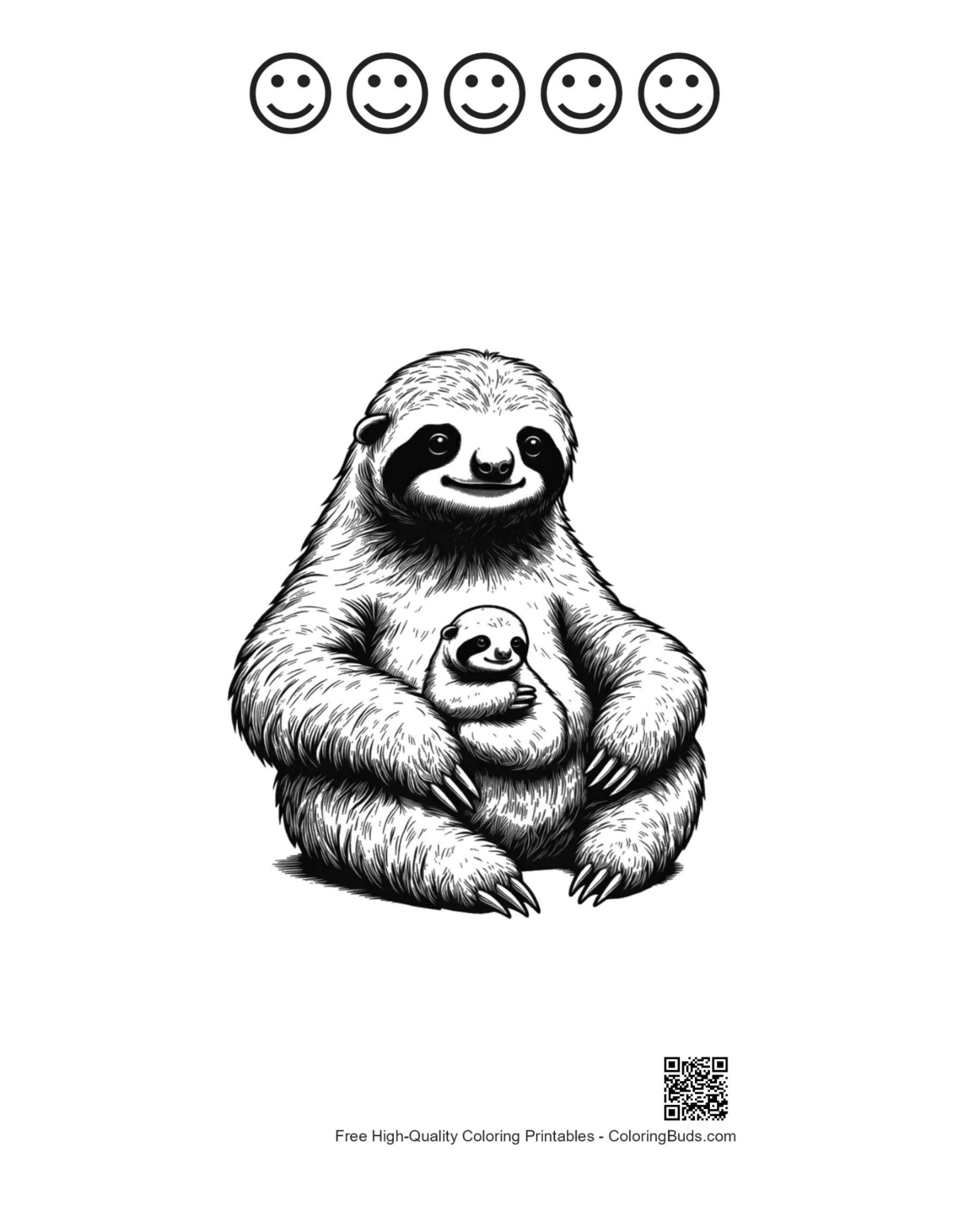 Three-toed sloth mom with 5 happy faces outline
