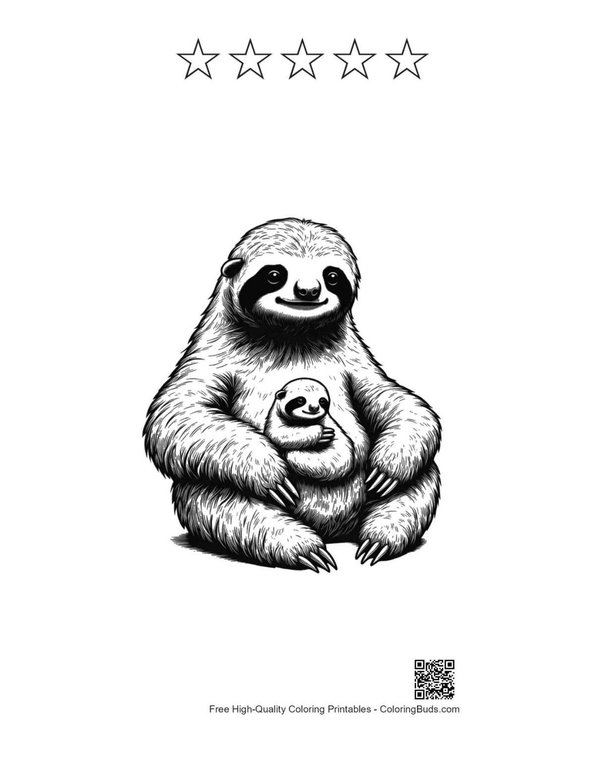 Three-toed sloth mom baby with 5 stars outline printable