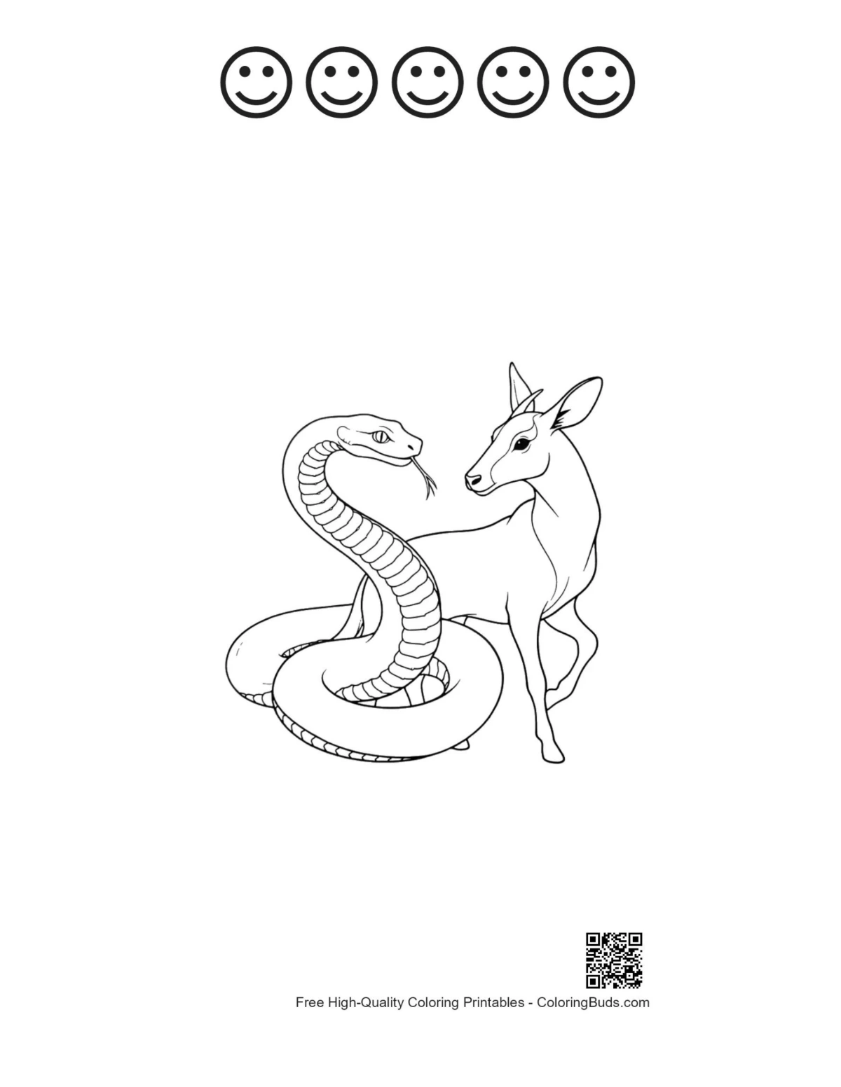 Python deer coloring with 5 happy faces printable
