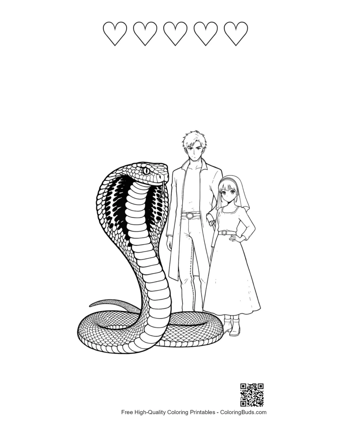 Majestic cobra with anime couple printable featuring 5 heart outlines
