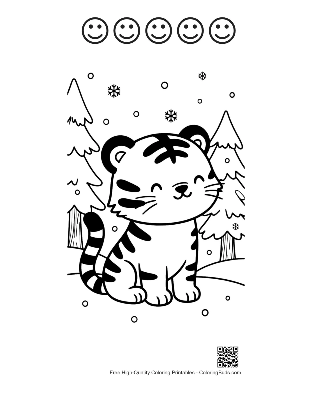 Adorable tiger in snow with happy faces printable
