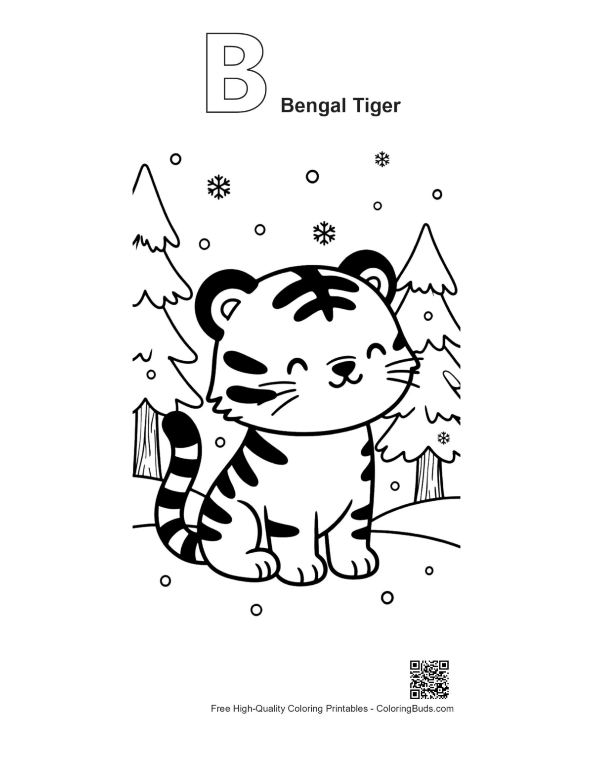 Bengal tiger coloring page with B alphabet outline