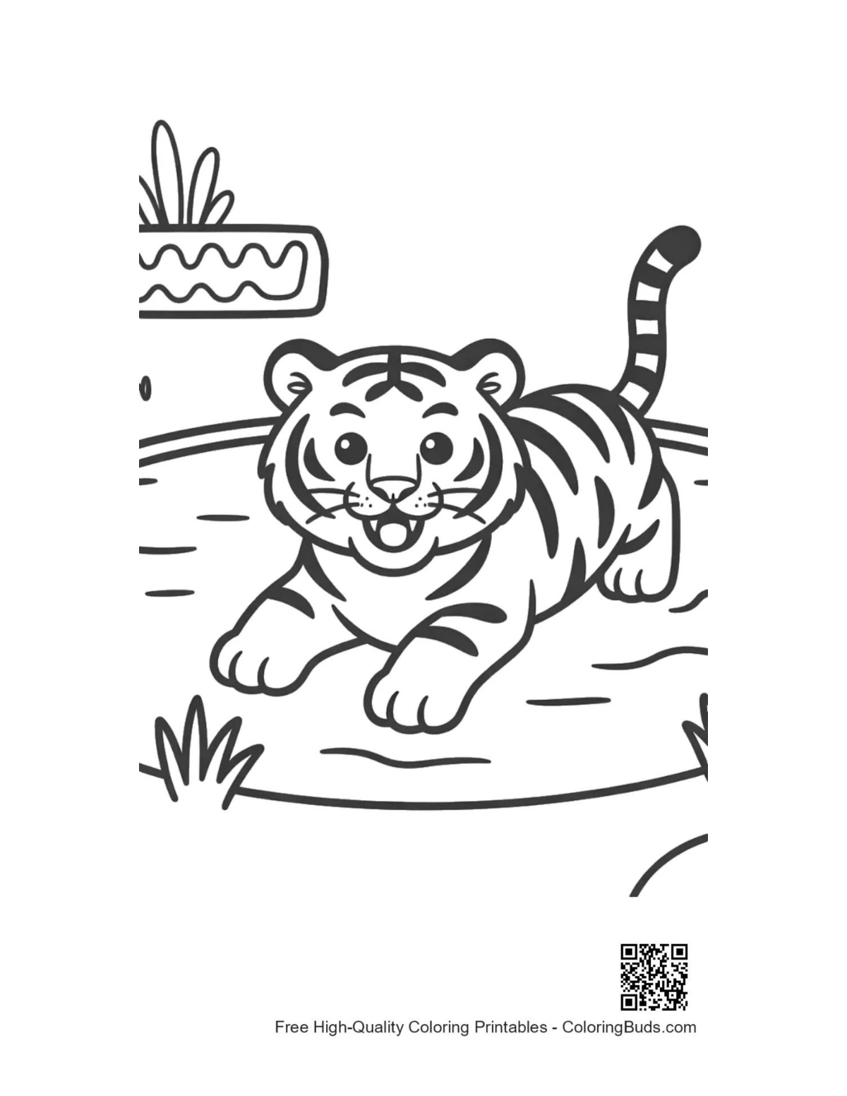 Adorable Bengal tiger cub at tropical watering hole coloring printable